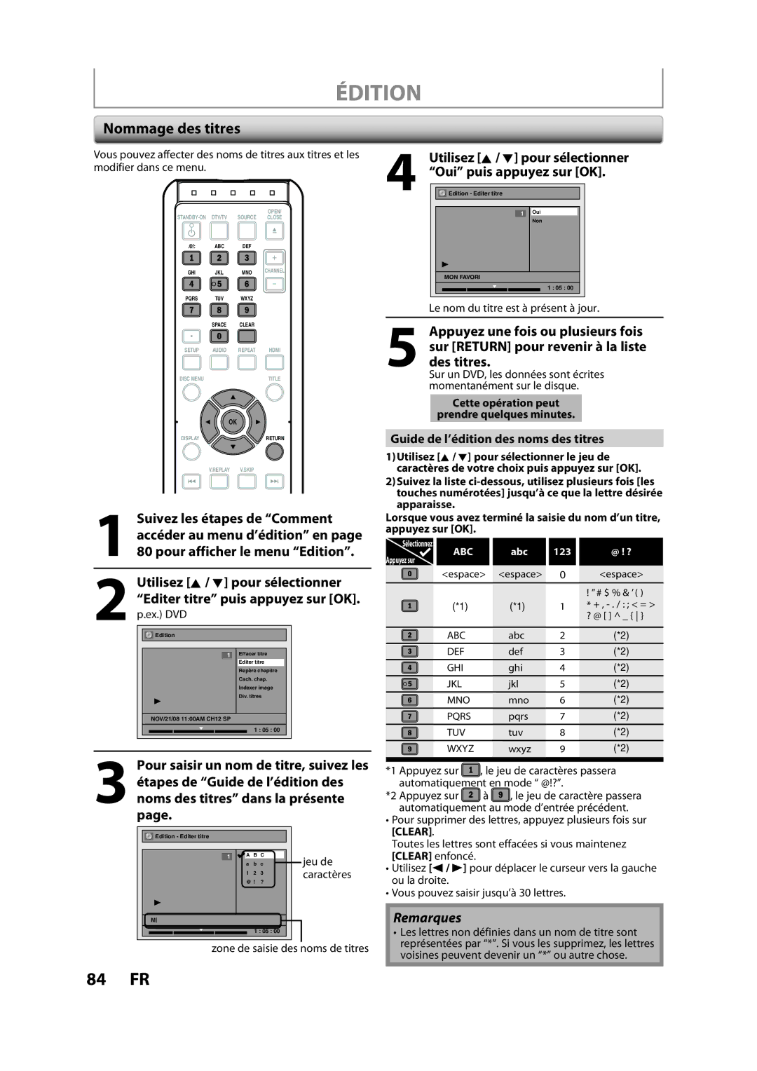 Magnavox H2160MW9 owner manual Nommage des titres, Guide de l’édition des noms des titres, Jeu de, Caractères 