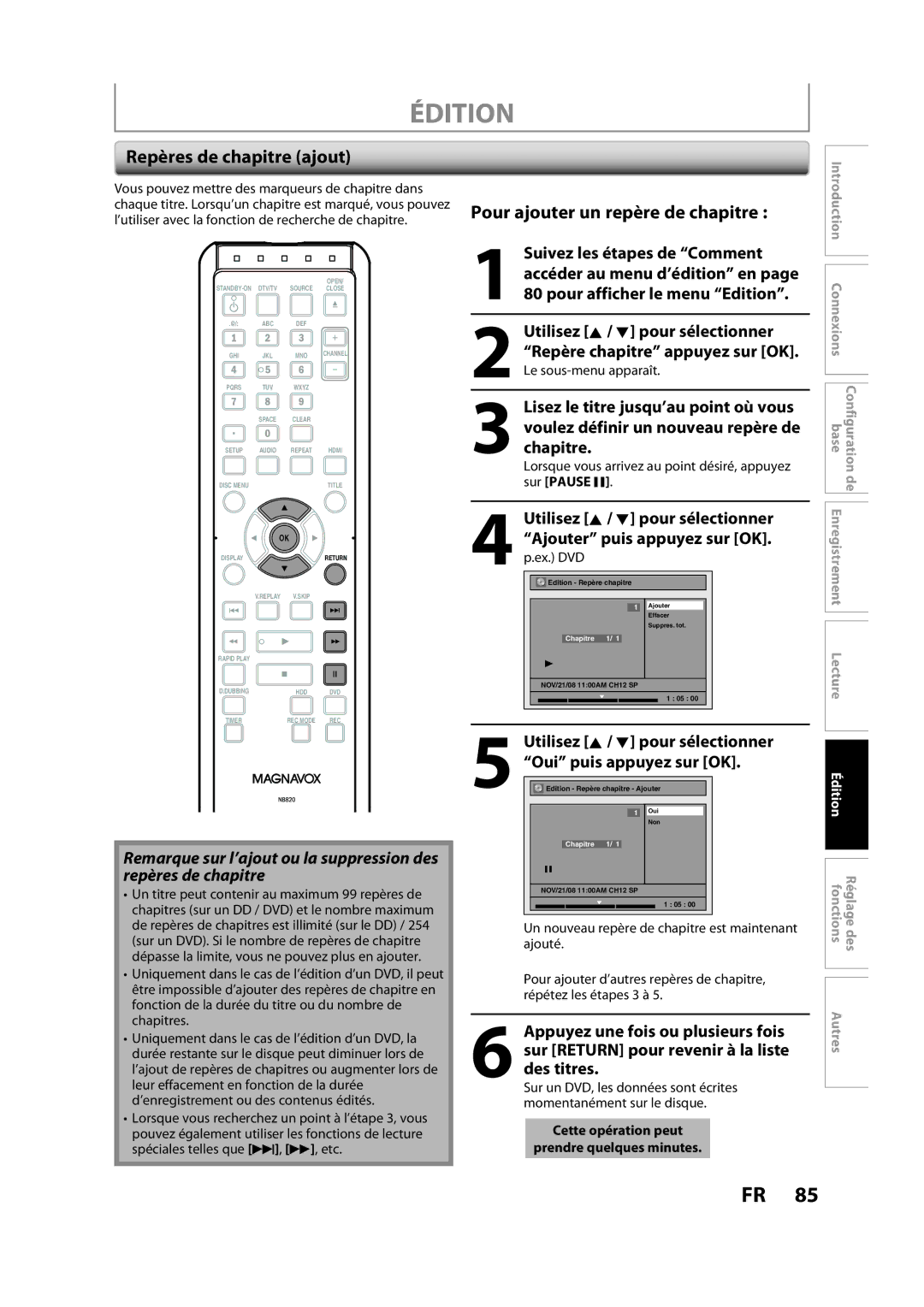 Magnavox H2160MW9 Repères de chapitre ajout, Pour ajouter un repère de chapitre, Appuyez une fois ou plusieurs fois 