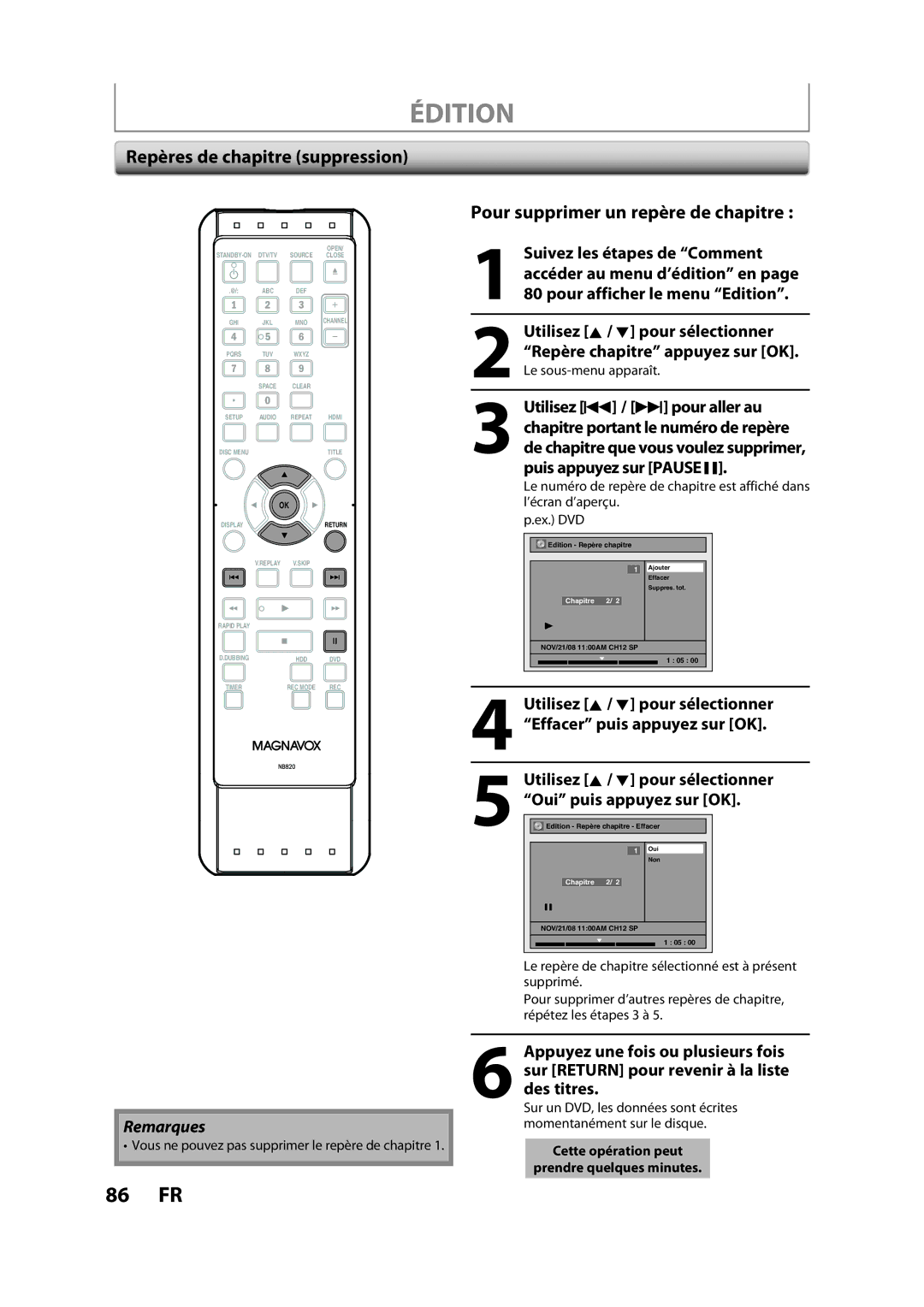 Magnavox H2160MW9 Repères de chapitre suppression, Pour supprimer un repère de chapitre, Puis appuyez sur Pause F 