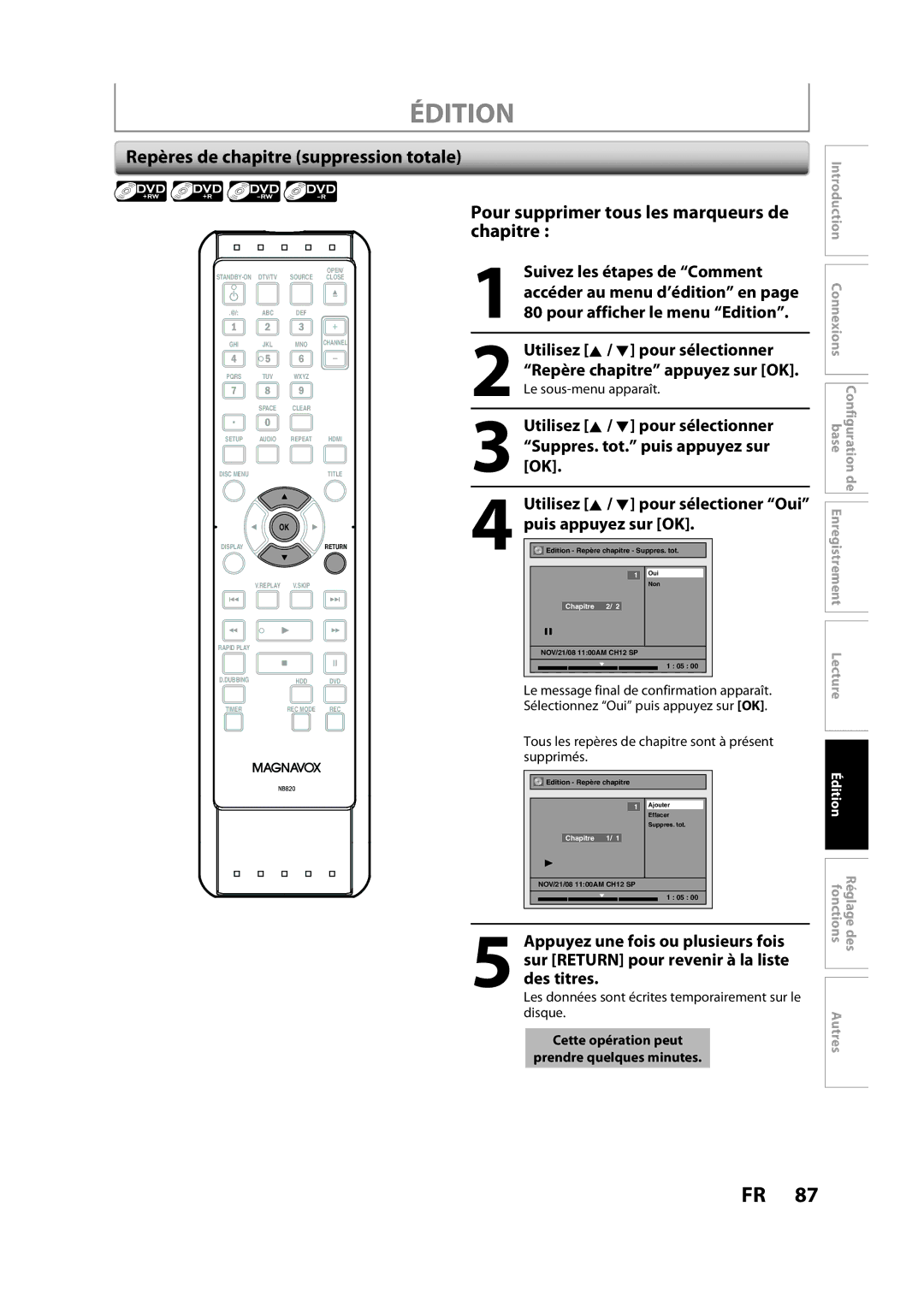 Magnavox H2160MW9 owner manual Pour supprimer tous les marqueurs de chapitre, Repères de chapitre suppression totale 