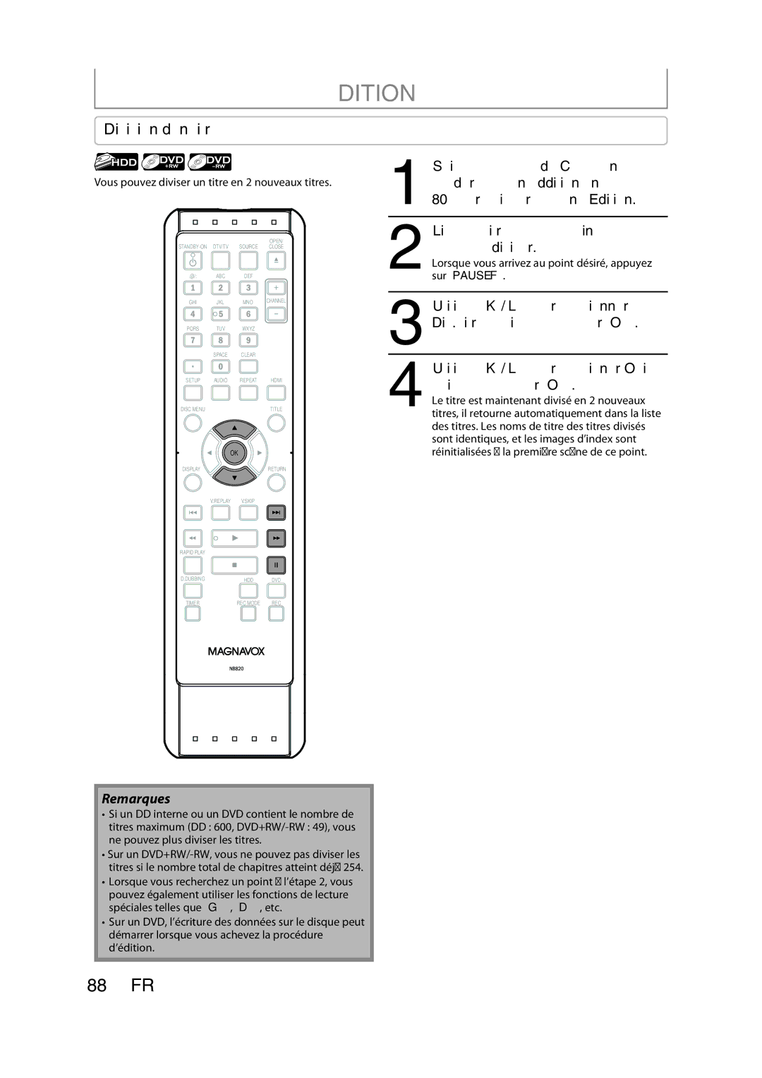 Magnavox H2160MW9 owner manual Division d’un titre, Lisez le titre jusqu’au point où vous voulez le diviser 