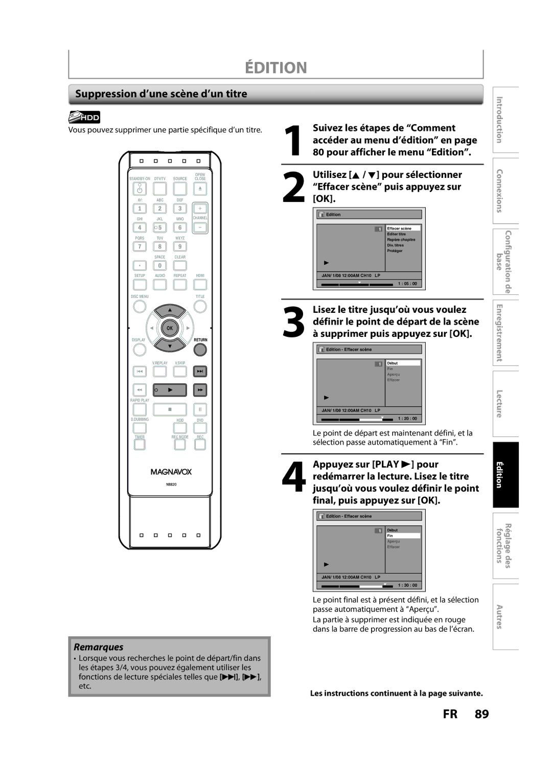 Magnavox H2160MW9 Suppression d’une scène d’un titre, Suivez les étapes de Comment, Accéder au menu d’édition en 