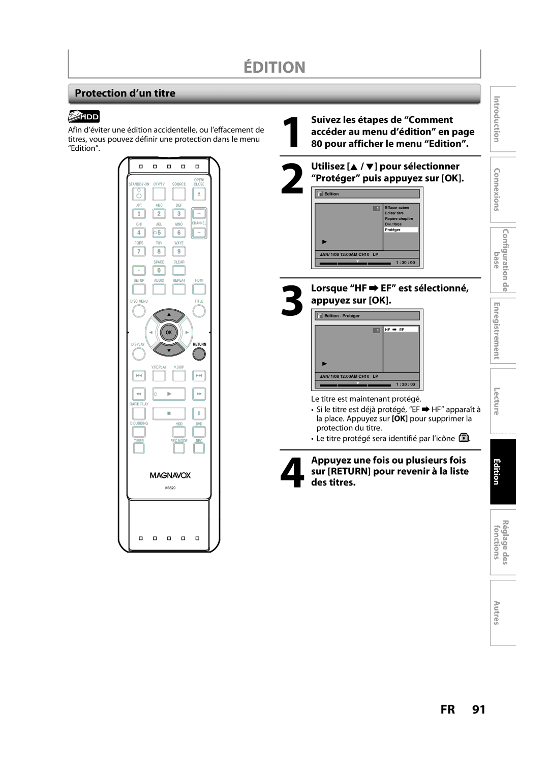 Magnavox H2160MW9 owner manual Protection d’un titre, Suivez les étapes de Comment 