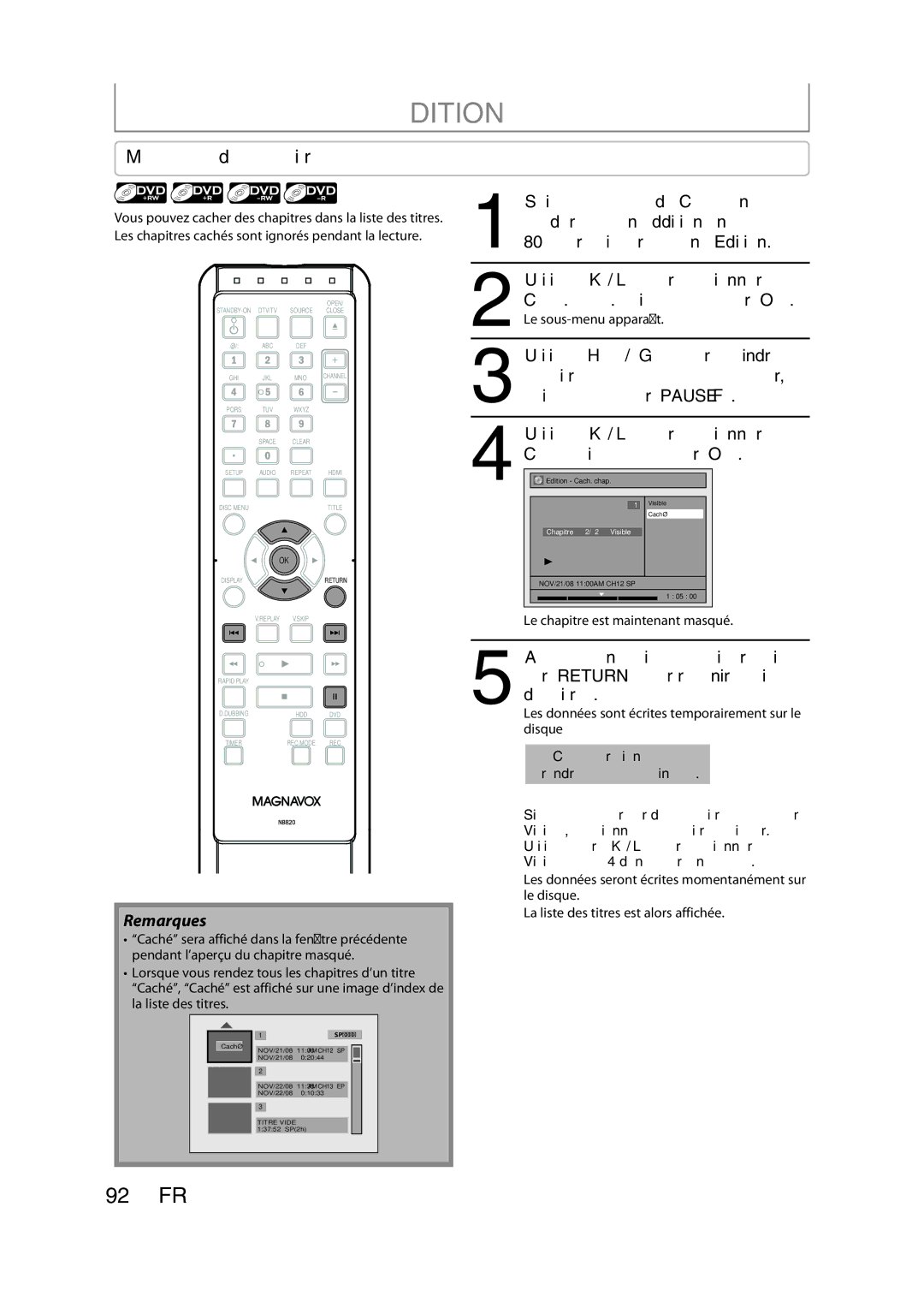 Magnavox H2160MW9 owner manual Masquage des chapitres, Cach. chap. puis appuyez sur OK, Le sous-menu apparaît 