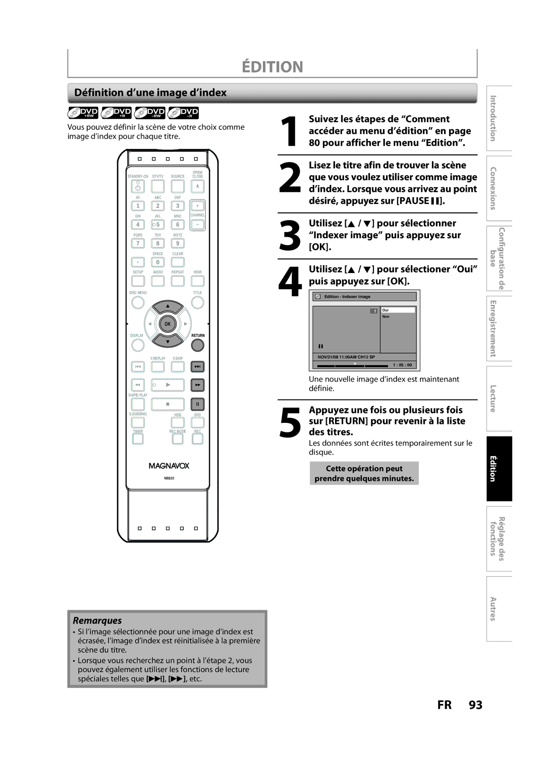 Magnavox H2160MW9 owner manual Définition d’une image d’index, Une nouvelle image d’index est maintenant définie 