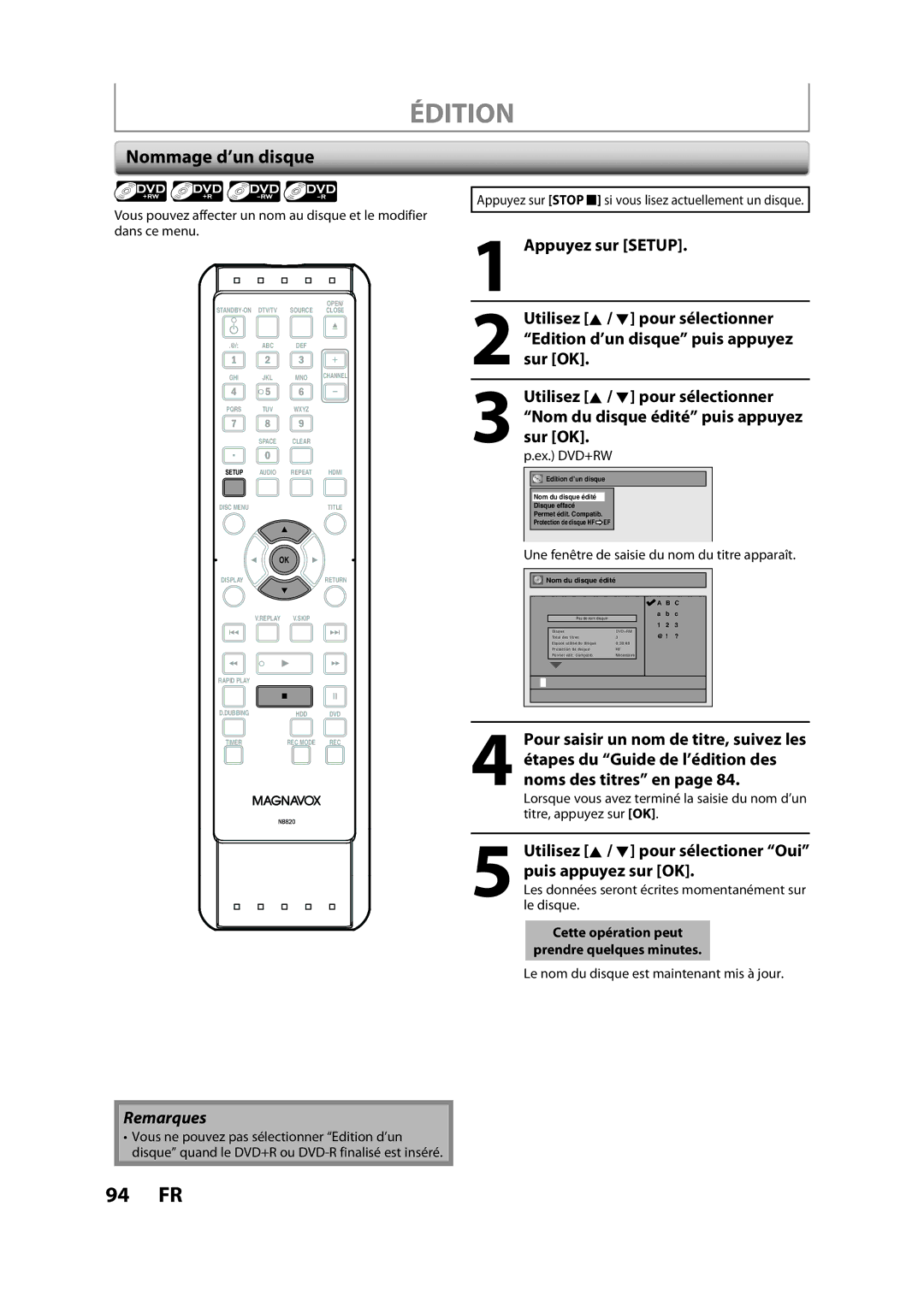 Magnavox H2160MW9 owner manual Nommage d’un disque, Appuyez sur Stop C si vous lisez actuellement un disque 