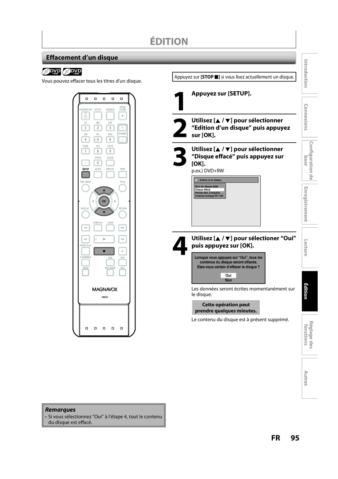 Magnavox H2160MW9 owner manual Effacement d’un disque, Vous pouvez effacer tous les titres d’un disque 