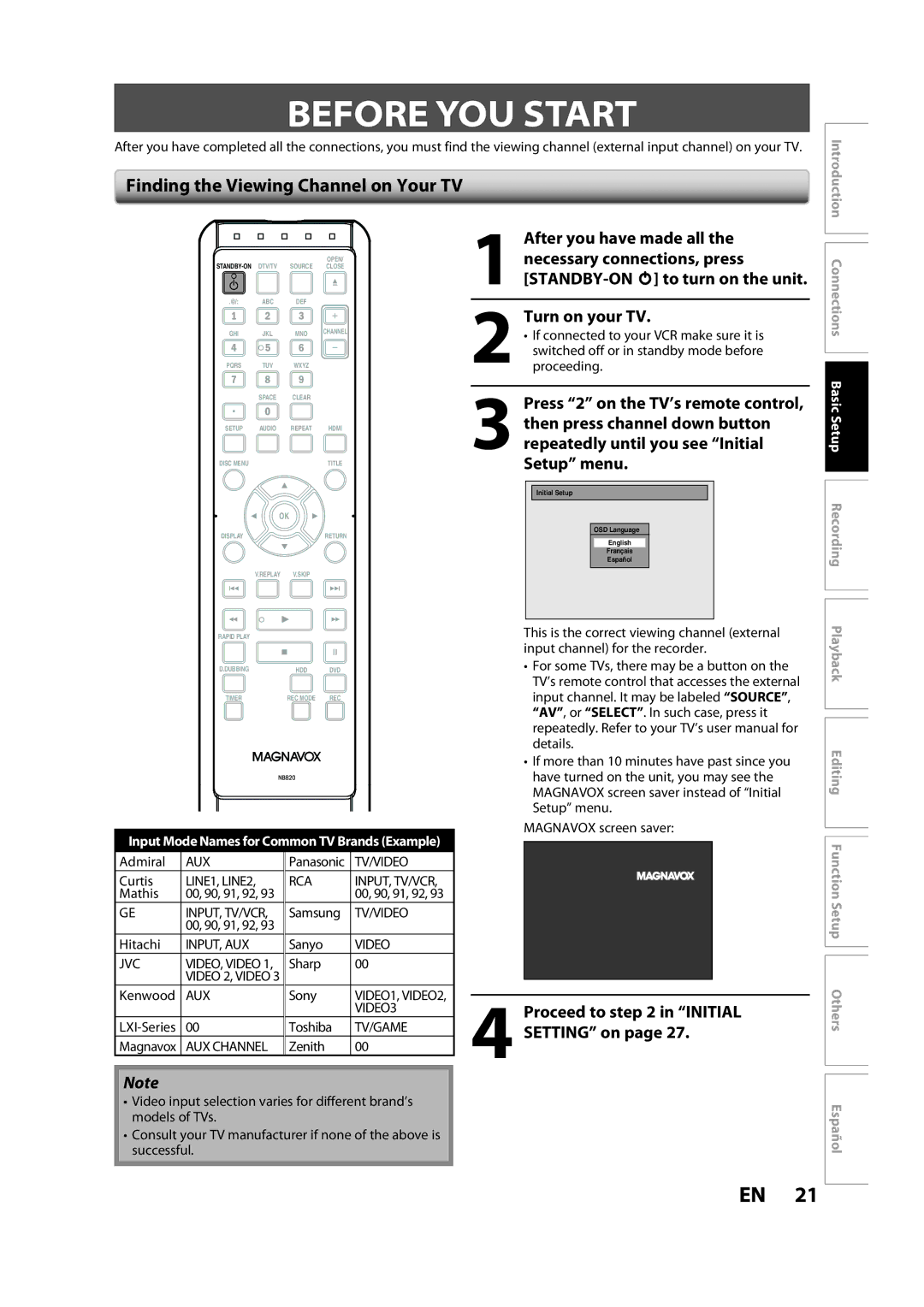 Magnavox H2160MW9 Before YOU Start, Finding the Viewing Channel on Your TV, Turn on your TV, Proceed to in Initial 