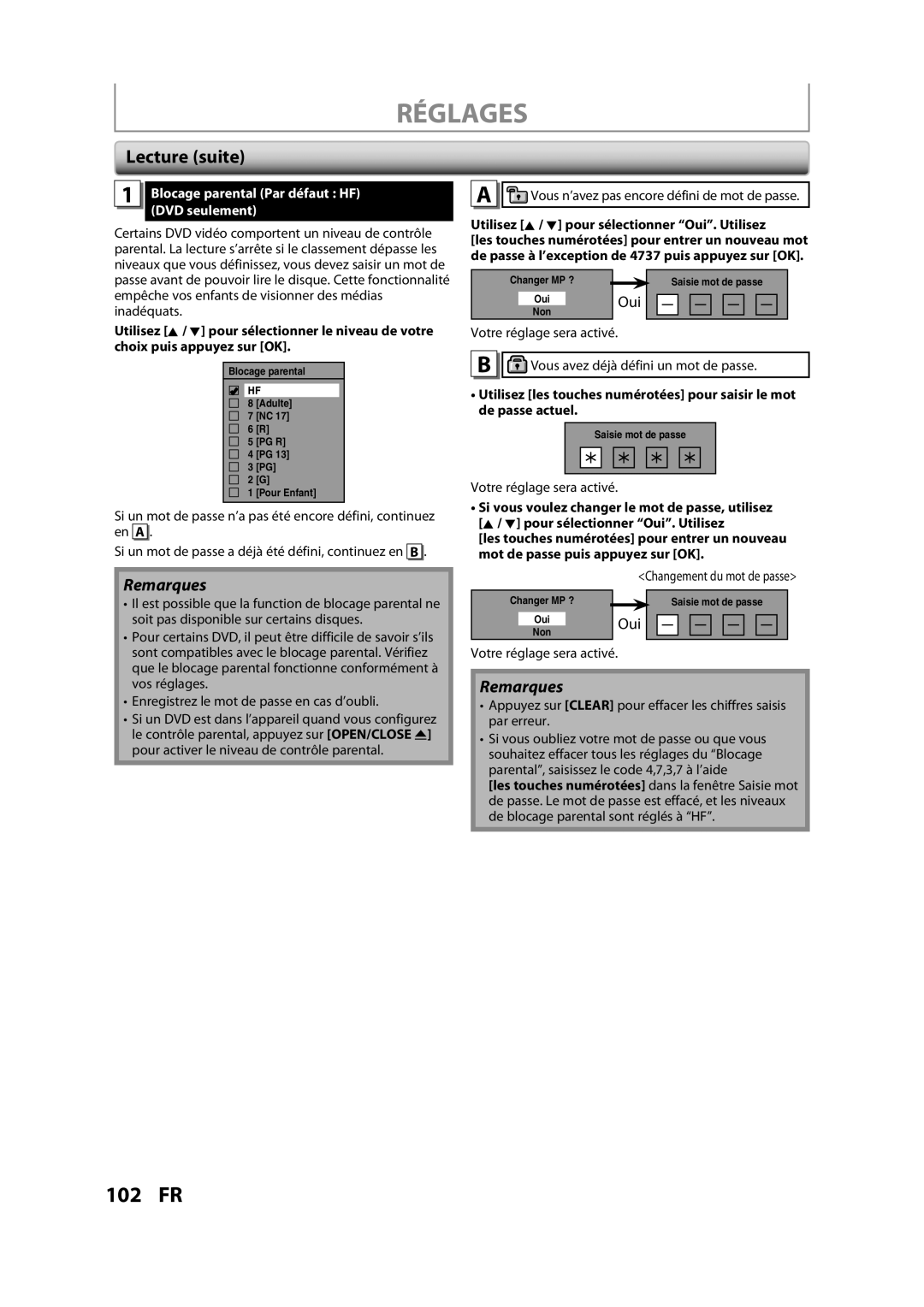 Magnavox H2160MW9 owner manual Réglages, Lecture suite, Oui, Blocage parental Par défaut HF DVD seulement 