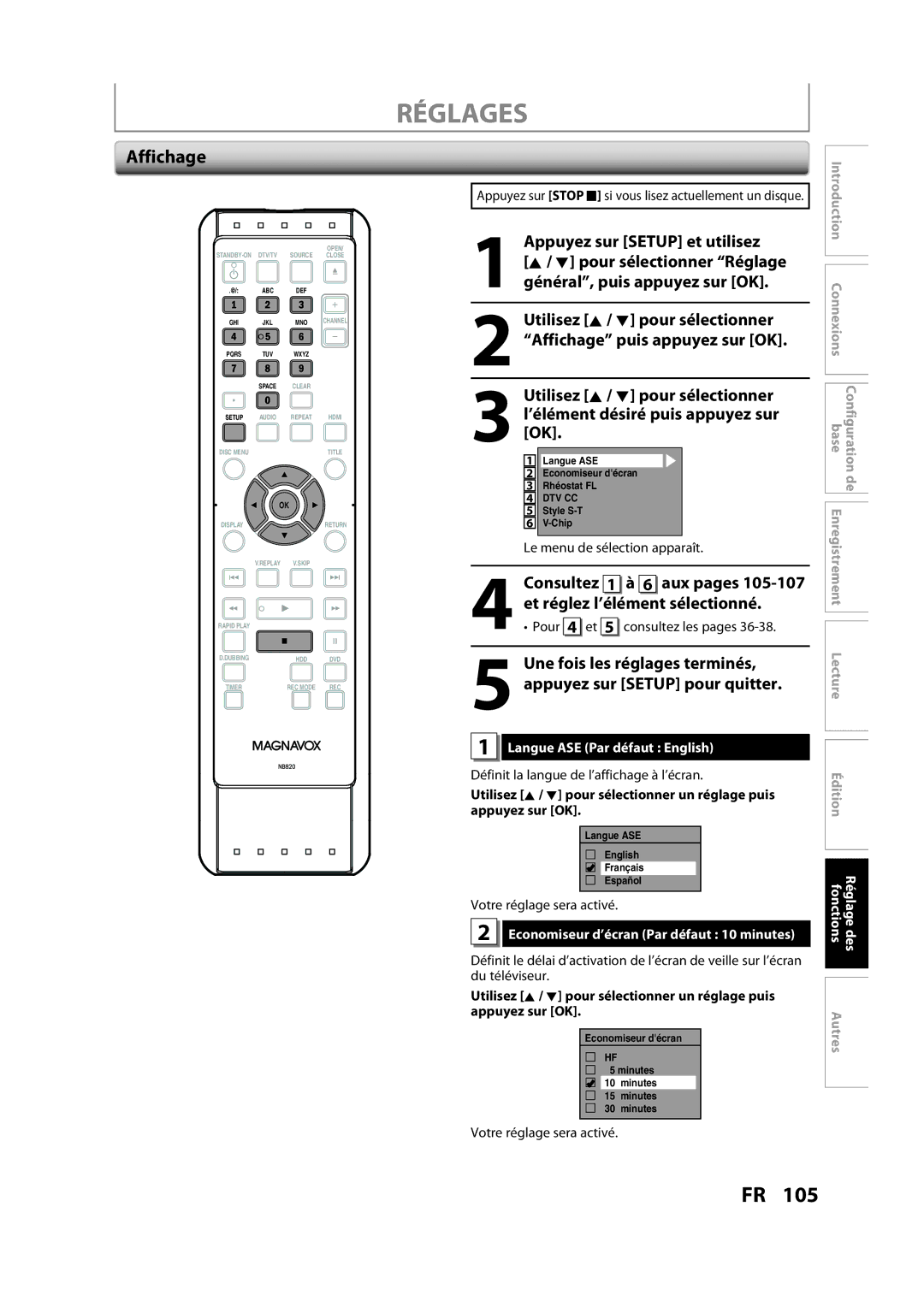 Magnavox H2160MW9 Affichage, Consultez 1 à 6 aux pages, Et réglez l’élément sélectionné, Langue ASE Par défaut English 