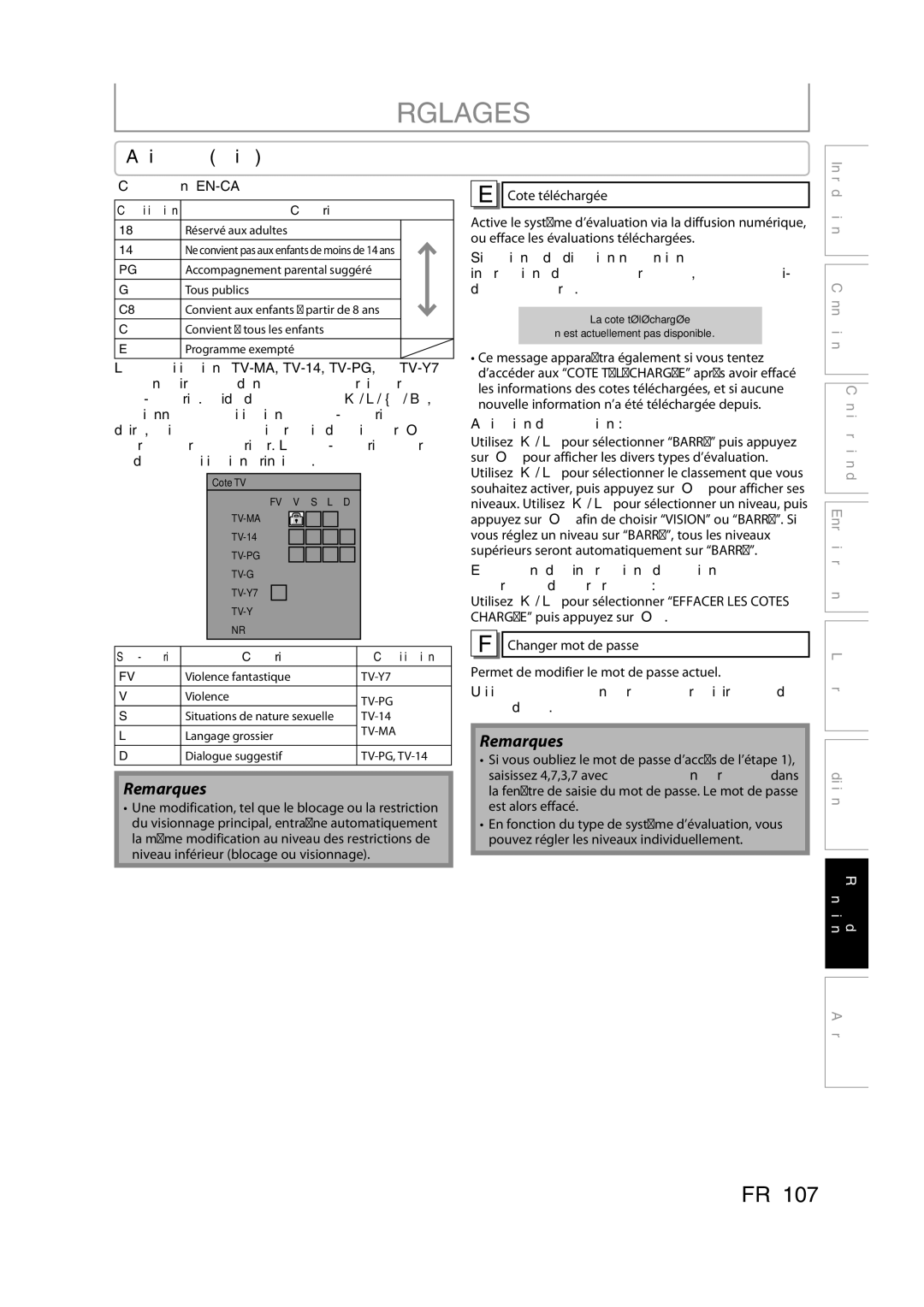 Magnavox H2160MW9 owner manual Classement EN-CA, Activation de l’évaluation 