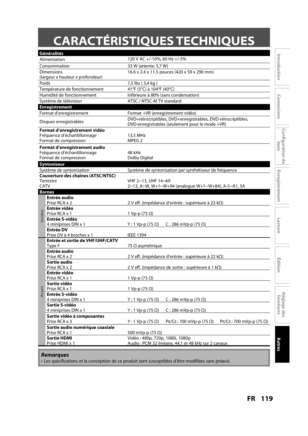 Magnavox H2160MW9 owner manual Caractéristiques Techniques, Généralités, Enregistrement, Syntoniseur, Bornes 