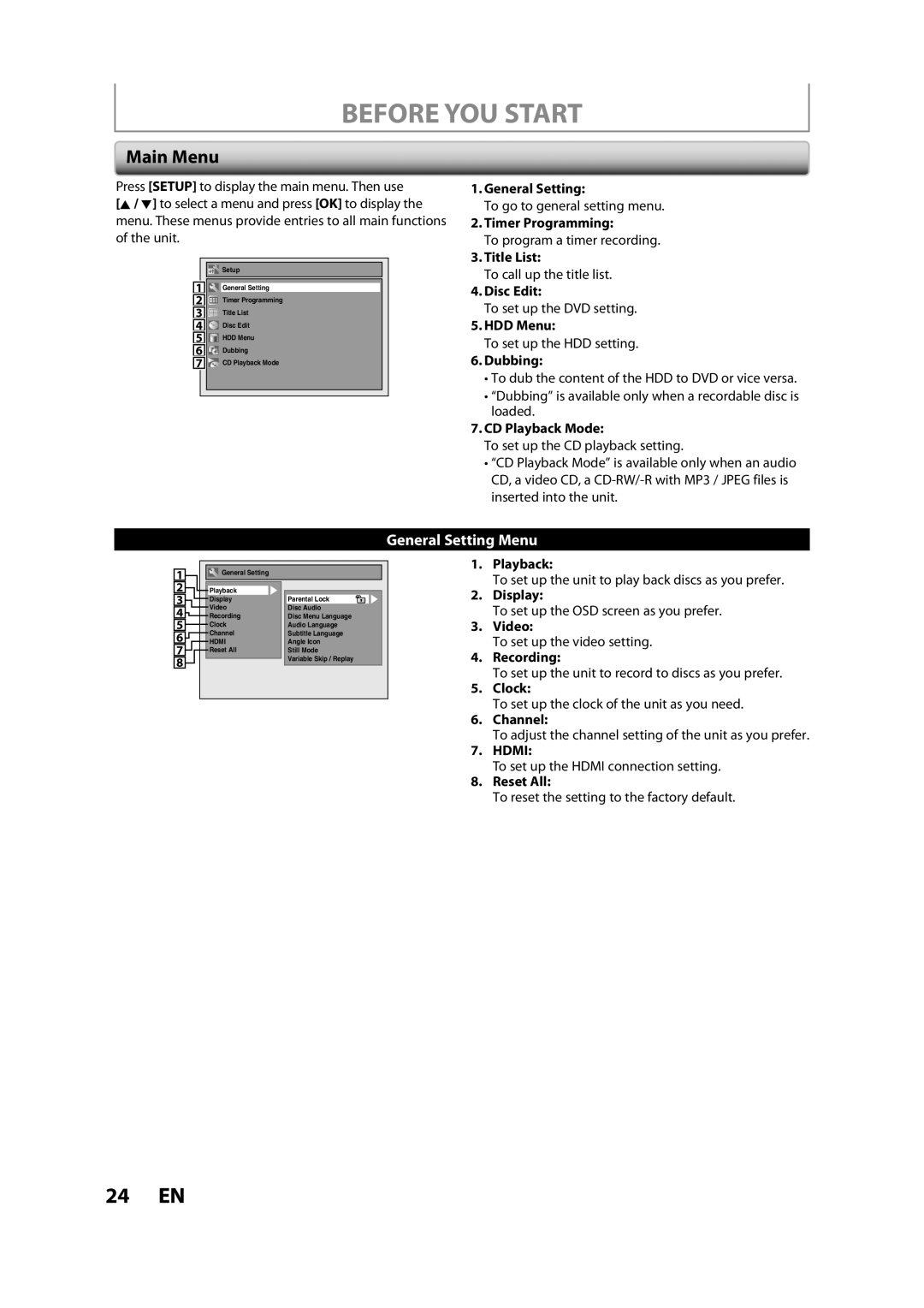 Magnavox H2160MW9 owner manual Main Menu 