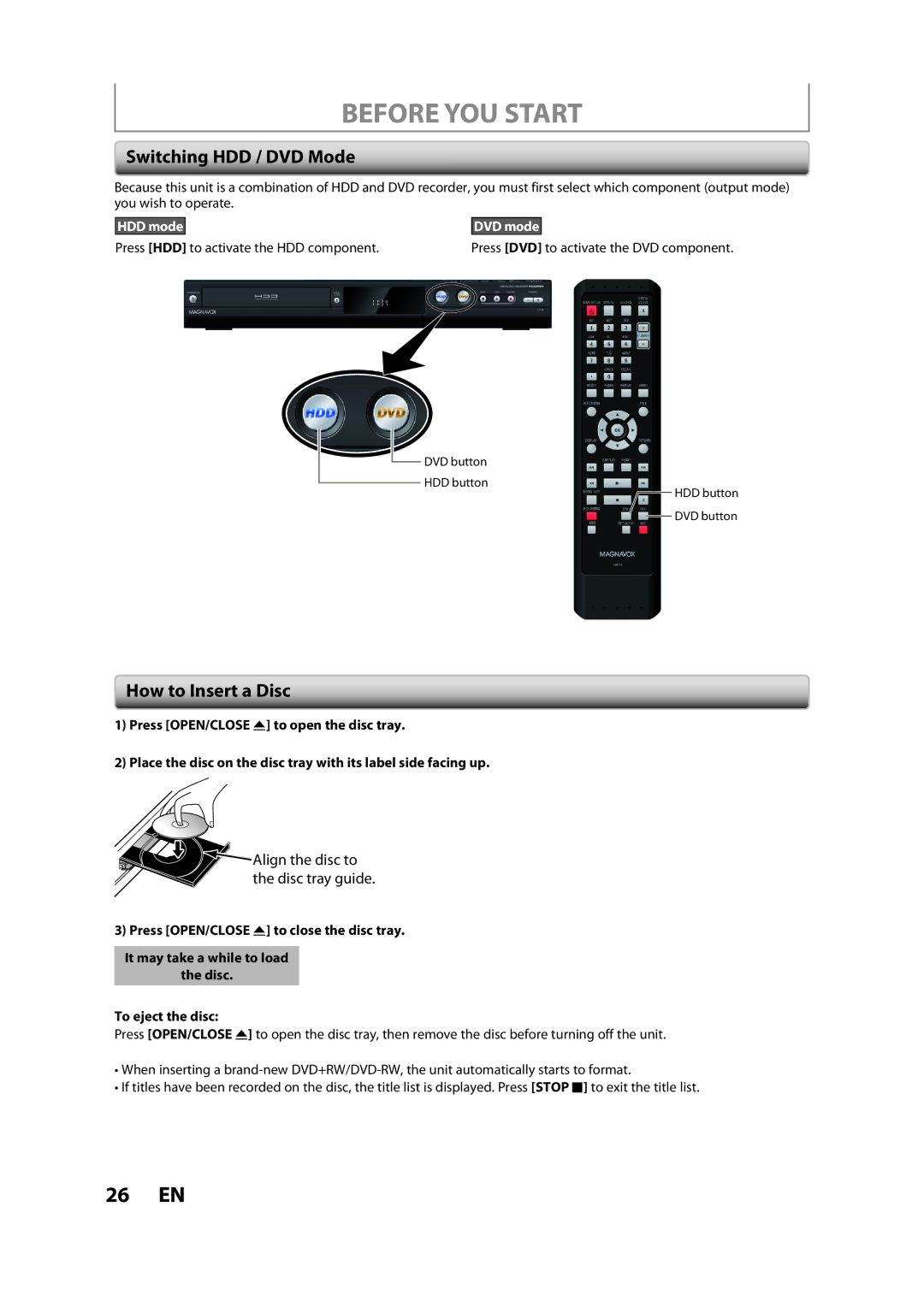 Magnavox H2160MW9 owner manual Switching HDD / DVD Mode, How to Insert a Disc, HDD mode, DVD mode 