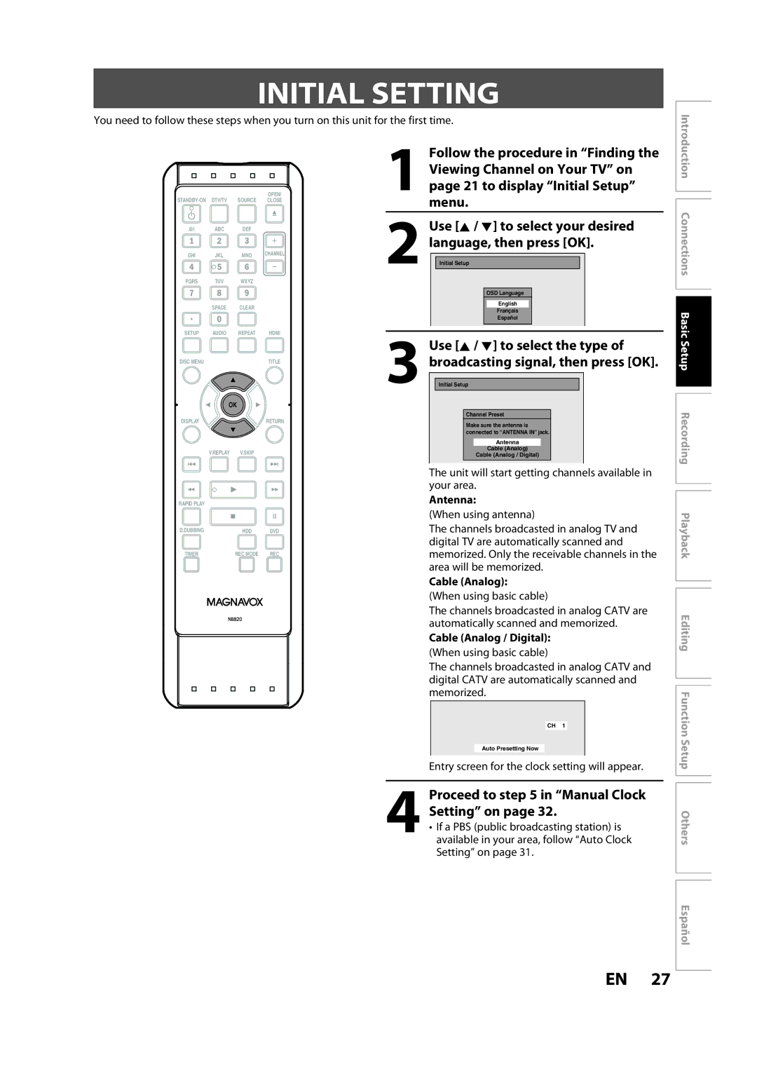 Magnavox H2160MW9 owner manual Initial Setting, Proceed to in Manual Clock Setting on, Antenna, Cable Analog / Digital 