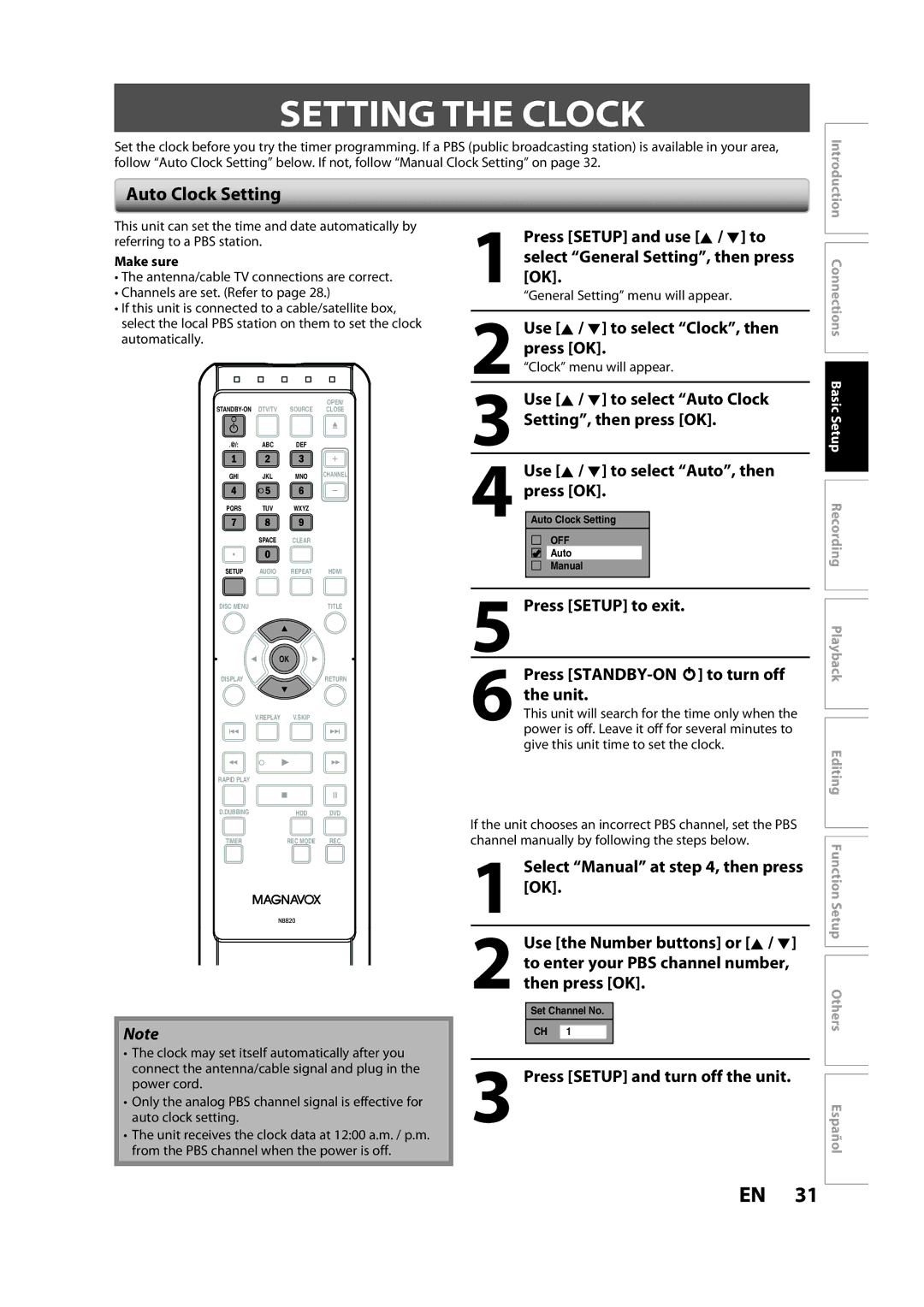 Magnavox H2160MW9 owner manual Setting the Clock, Auto Clock Setting 