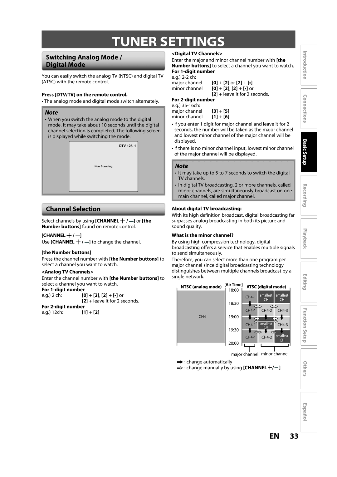 Magnavox H2160MW9 owner manual Tuner Settings, Switching Analog Mode Digital Mode, Channel Selection 