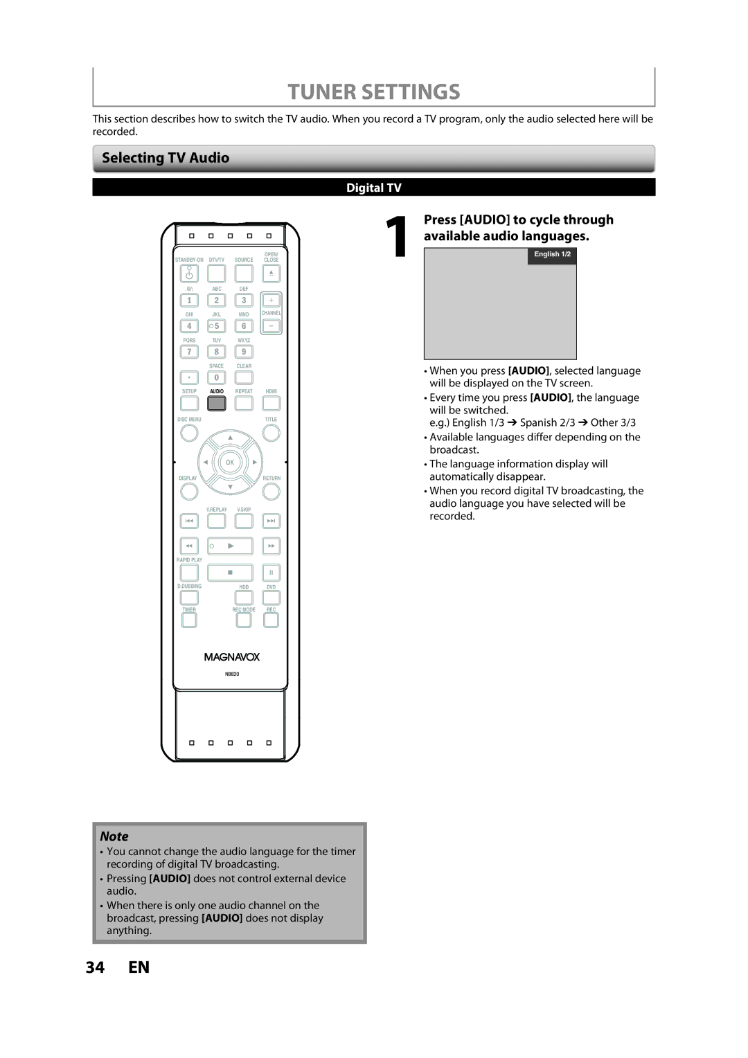 Magnavox H2160MW9 owner manual Tuner Settings, Selecting TV Audio, Press Audio to cycle through available audio languages 