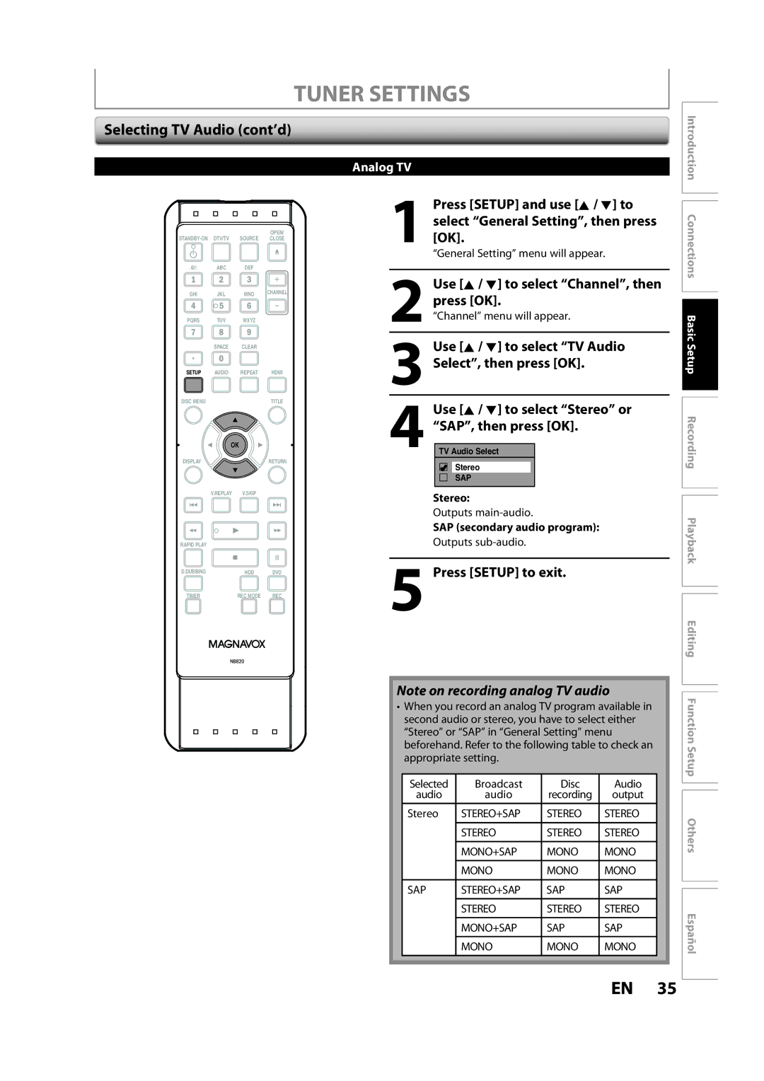 Magnavox H2160MW9 owner manual Selecting TV Audio cont’d, Stereo, SAP secondary audio program 