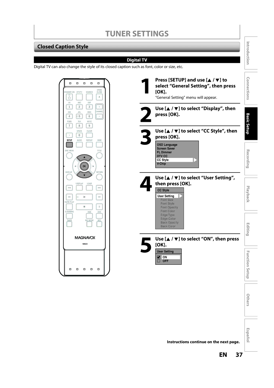 Magnavox H2160MW9 owner manual Closed Caption Style, Use K / L to select User Setting, then press OK.CC Style 