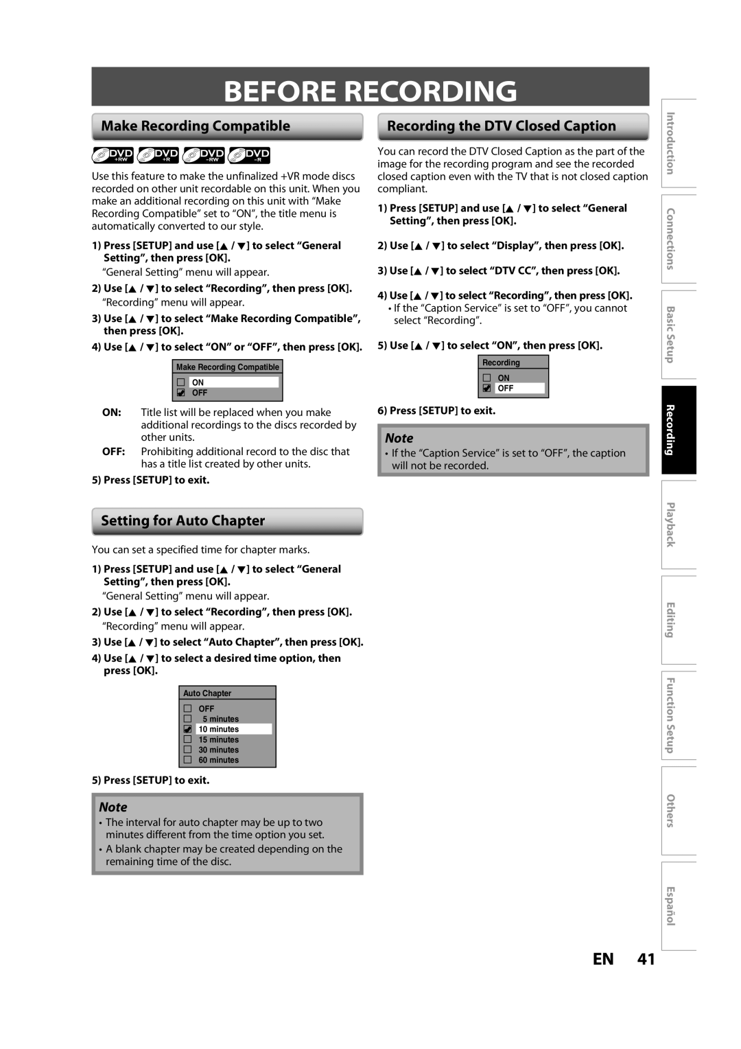 Magnavox H2160MW9 owner manual Before Recording, Make Recording Compatible, Setting for Auto Chapter 