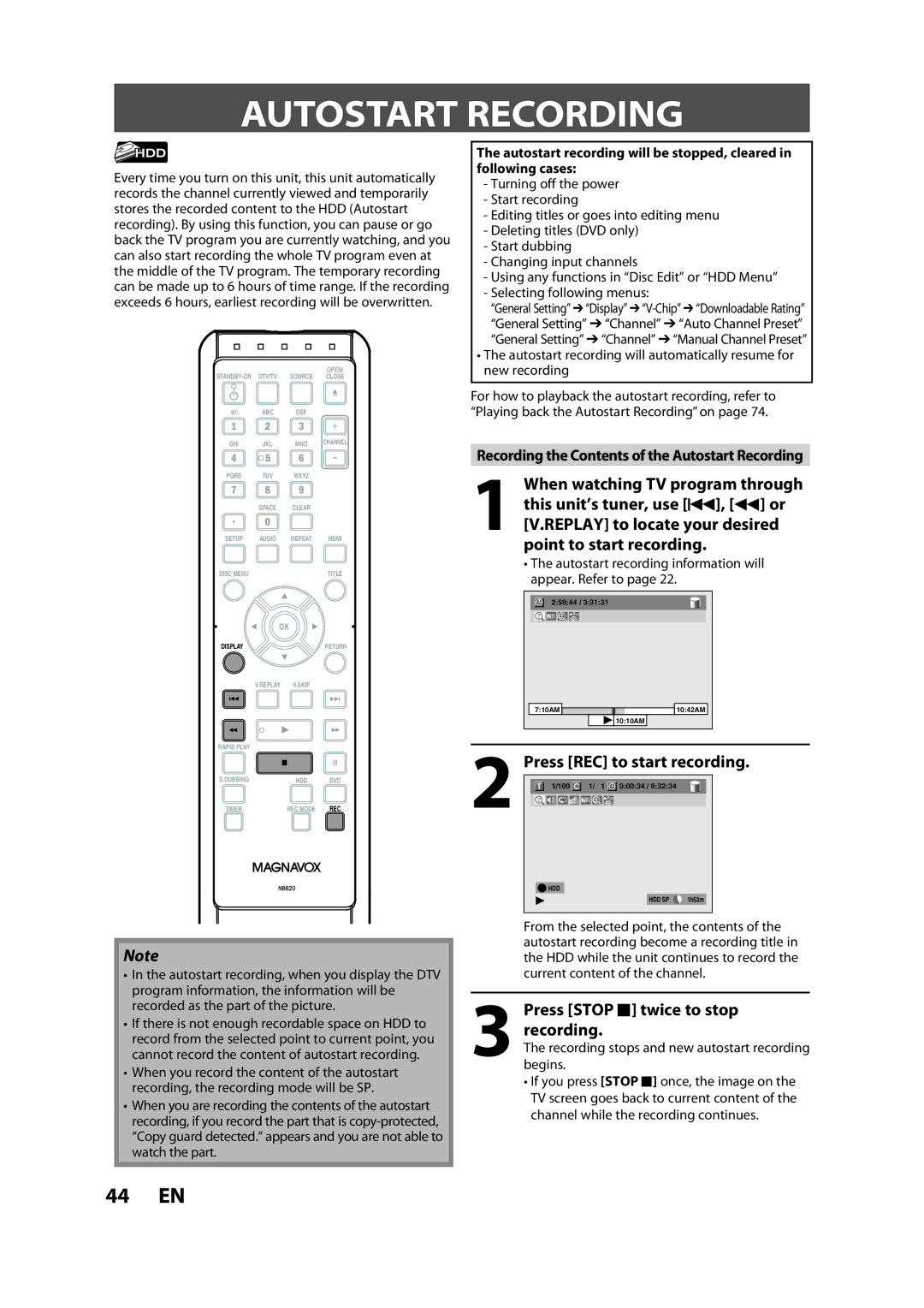 Magnavox H2160MW9 owner manual Autostart Recording, Press REC to start recording.1/ 11/10000034, Press Stop C twice to stop 