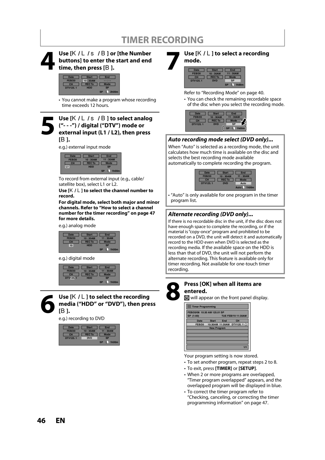 Magnavox H2160MW9 owner manual Timer Recording, Use K / L to select a recording mode, Auto recording mode select DVD only 