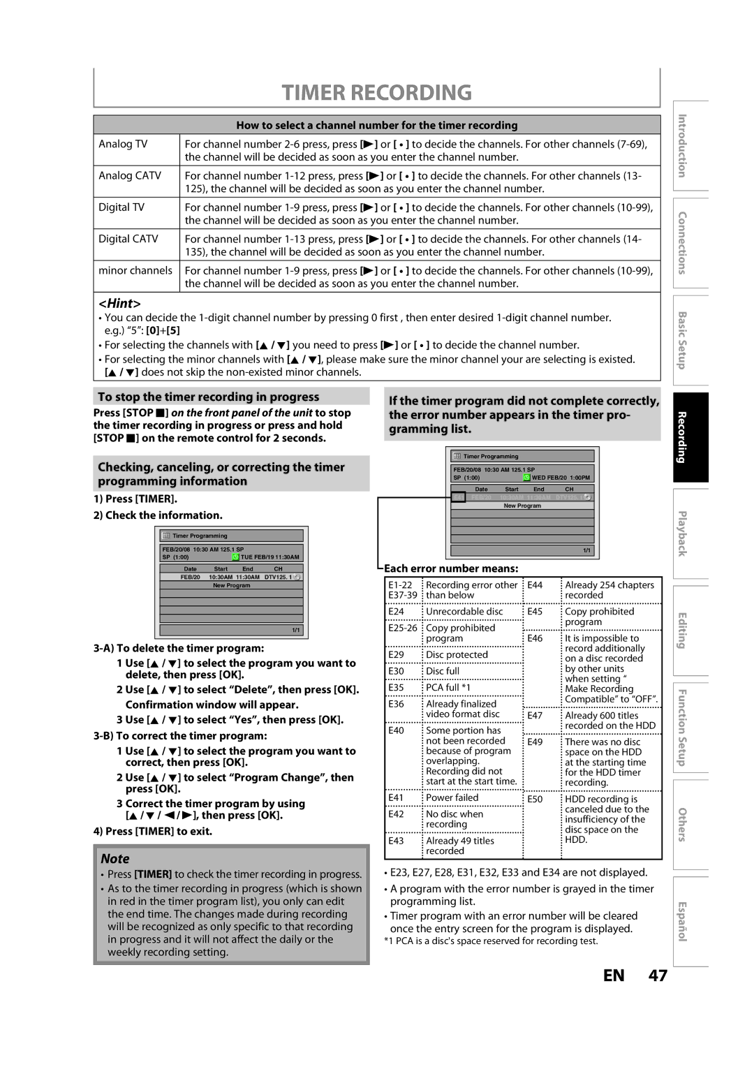 Magnavox H2160MW9 owner manual Hint, To stop the timer recording in progress, Recording Playback 