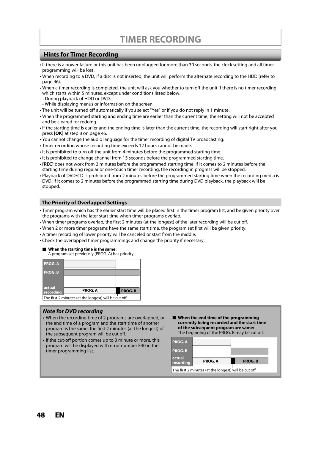 Magnavox H2160MW9 owner manual Hints for Timer Recording, Priority of Overlapped Settings 