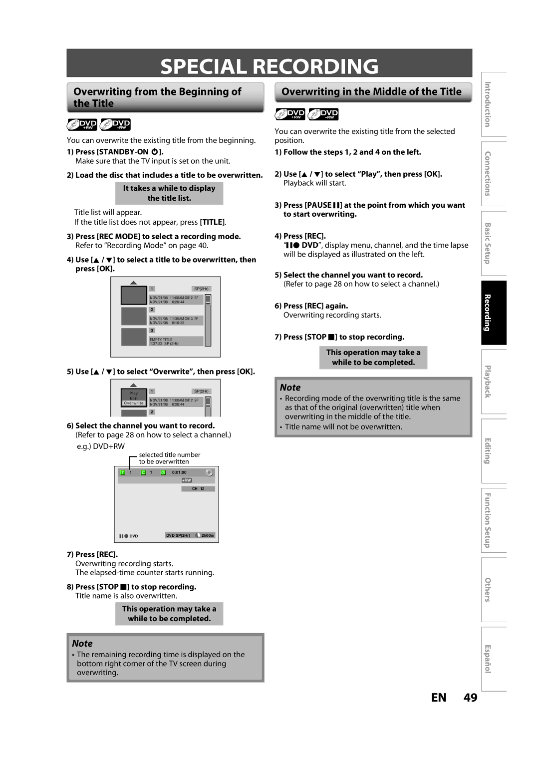 Magnavox H2160MW9 Special Recording, Overwriting from the Beginning, Overwriting in the Middle of the Title 