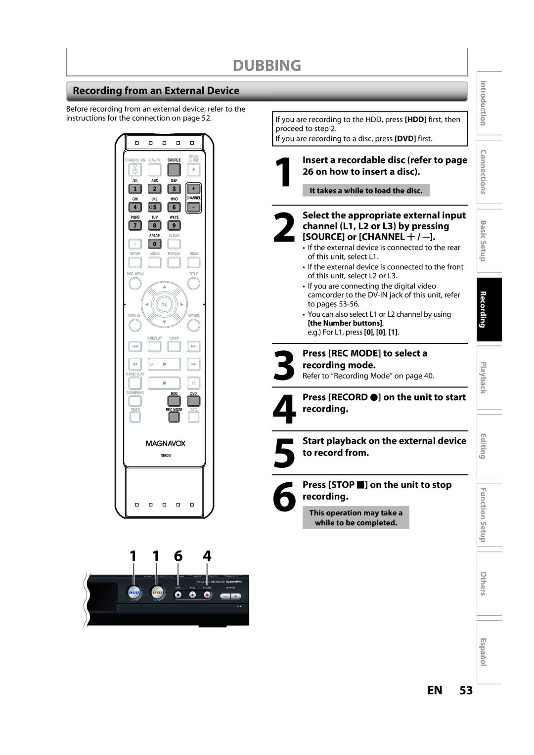 Magnavox H2160MW9 owner manual Recording from an External Device, Press Record I on the unit to start recording 