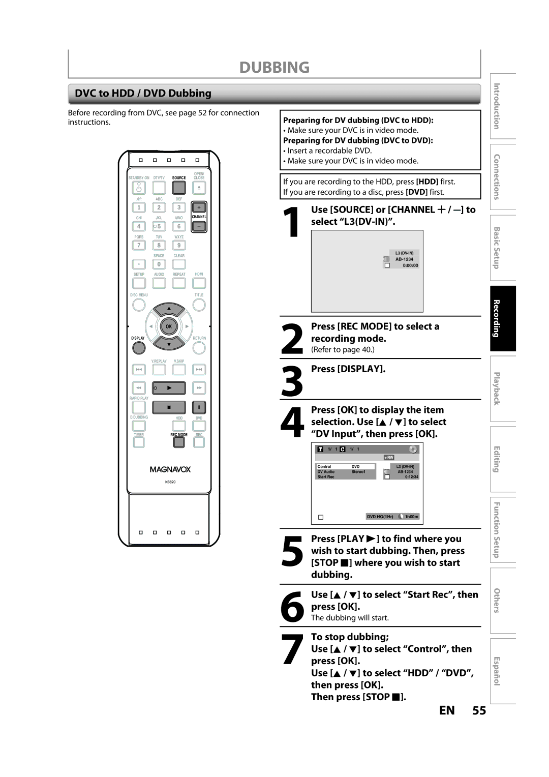 Magnavox H2160MW9 owner manual DVC to HDD / DVD Dubbing, Use Source or Channel / to select L3DV-IN, Press Display 