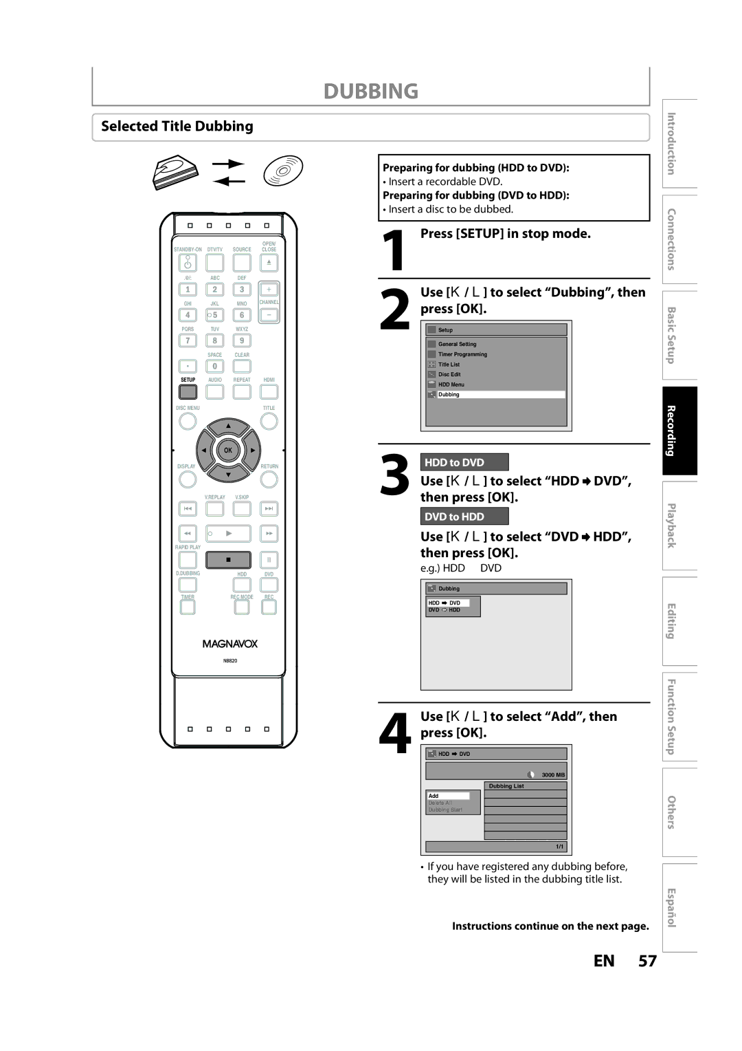 Magnavox H2160MW9 Selected Title Dubbing, Use K / L to select HDD DVD, then press OK, Use K / L to select Add, then 