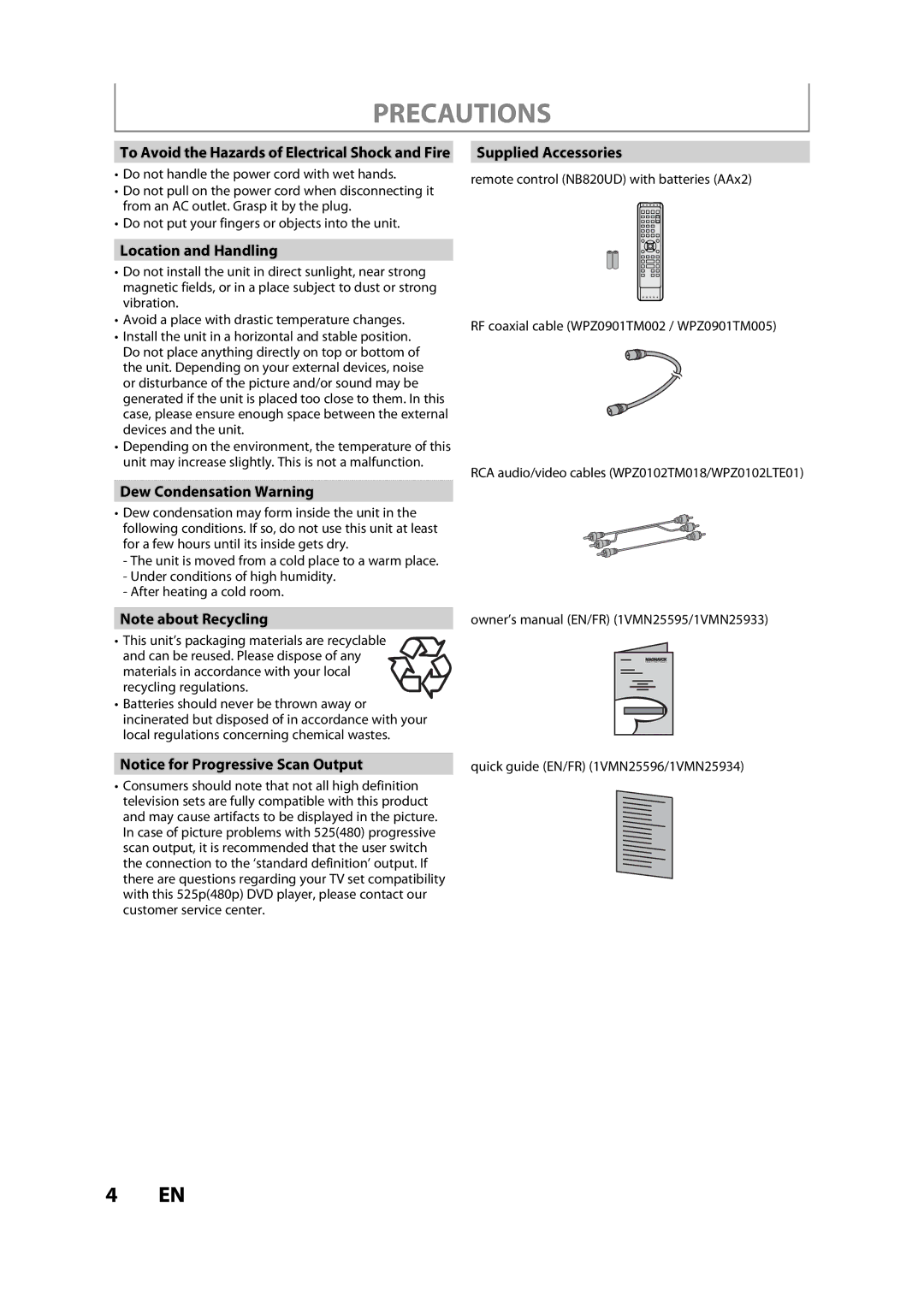 Magnavox H2160MW9 owner manual Location and Handling, Dew Condensation Warning, Supplied Accessories 