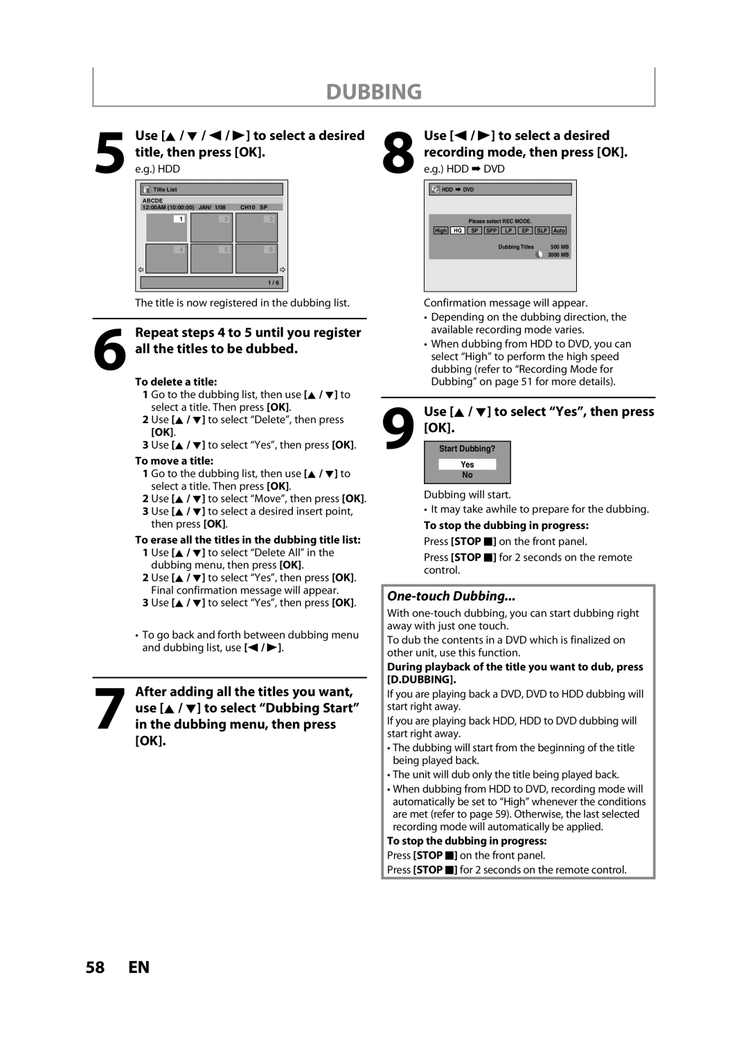 Magnavox H2160MW9 owner manual Use K / L to select Yes, then press, One-touch Dubbing, To delete a title, To move a title 