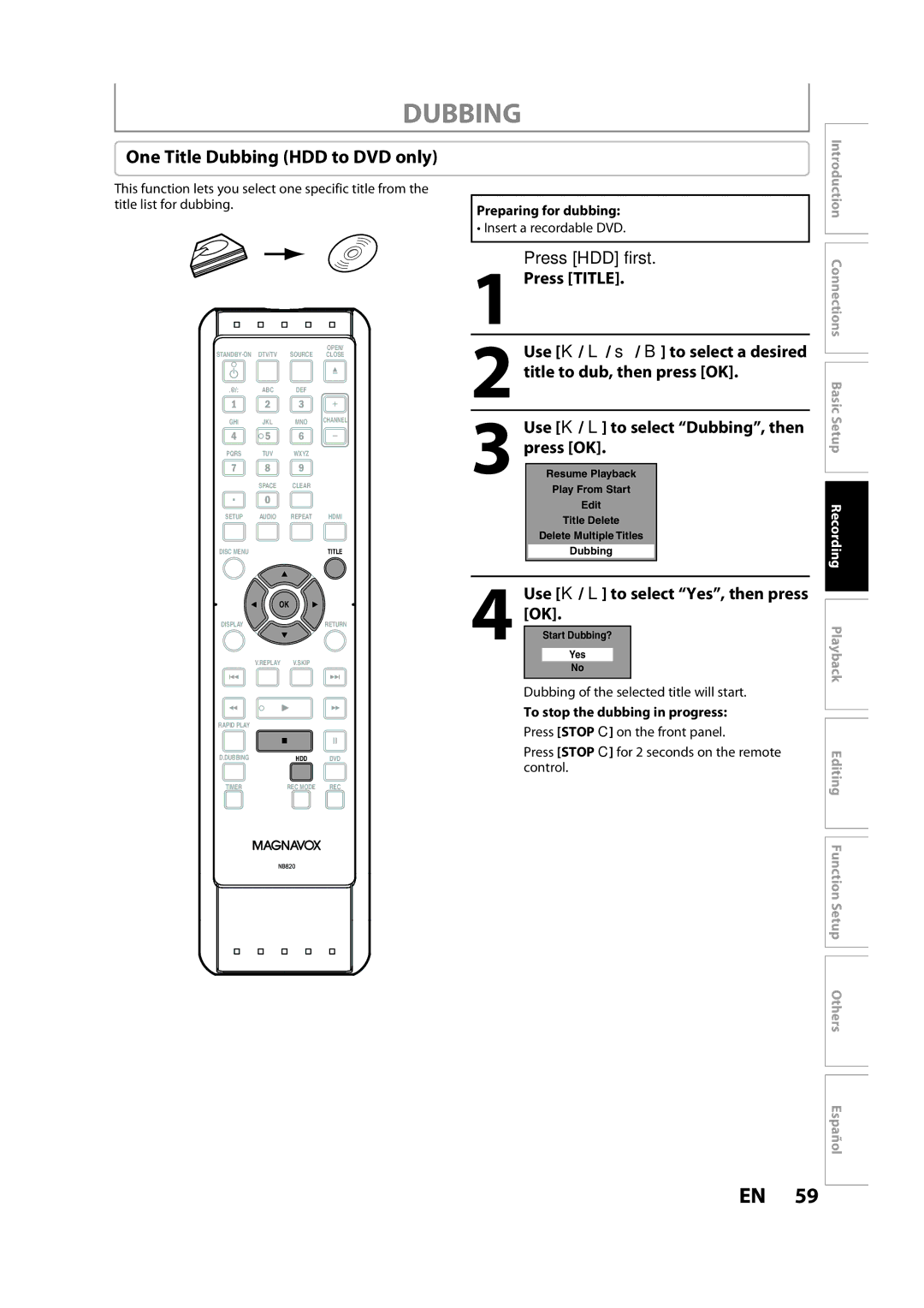 Magnavox H2160MW9 owner manual One Title Dubbing HDD to DVD only 