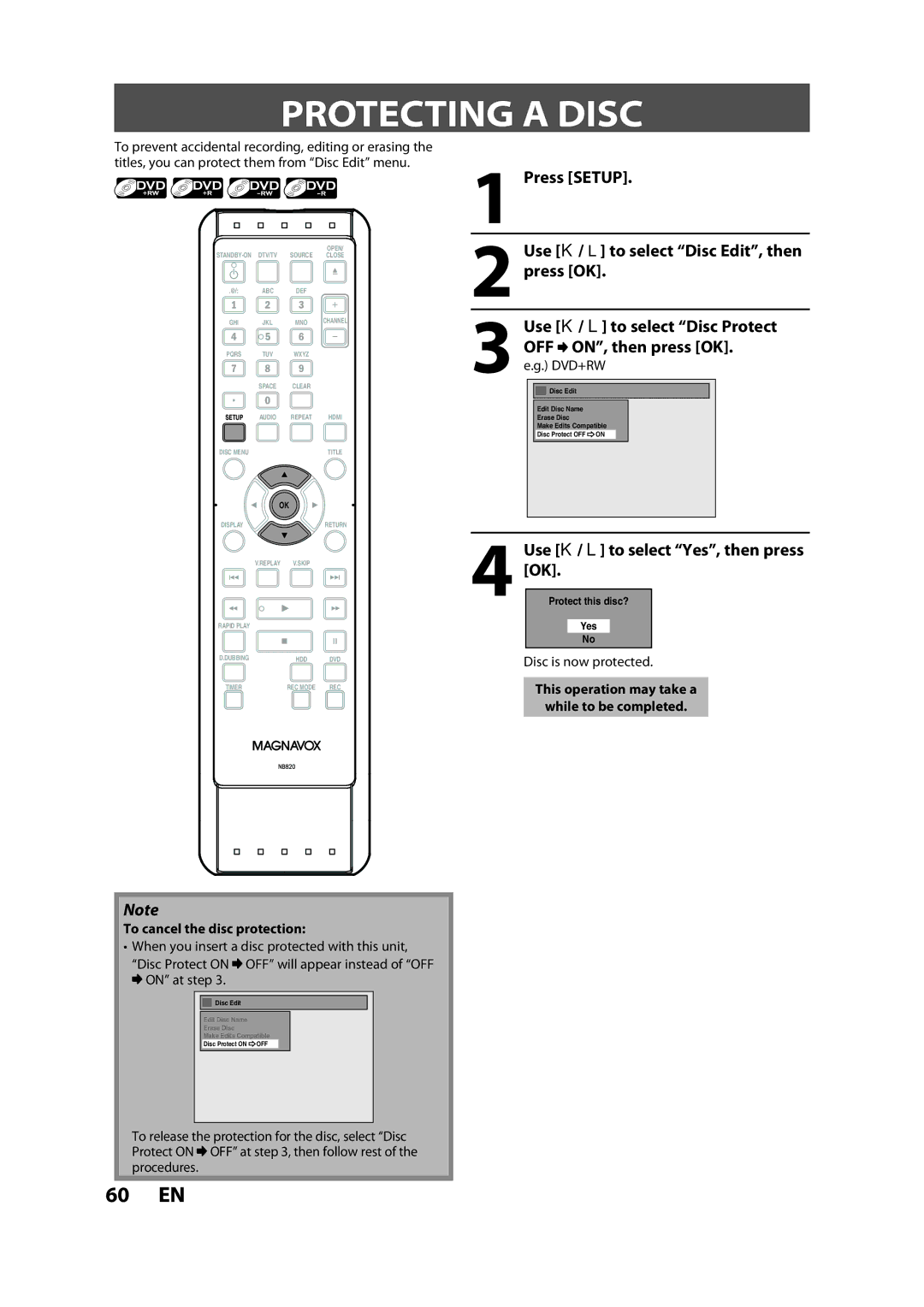 Magnavox H2160MW9 owner manual Protecting a Disc, Use K / L to select Yes, then press OK, To cancel the disc protection 