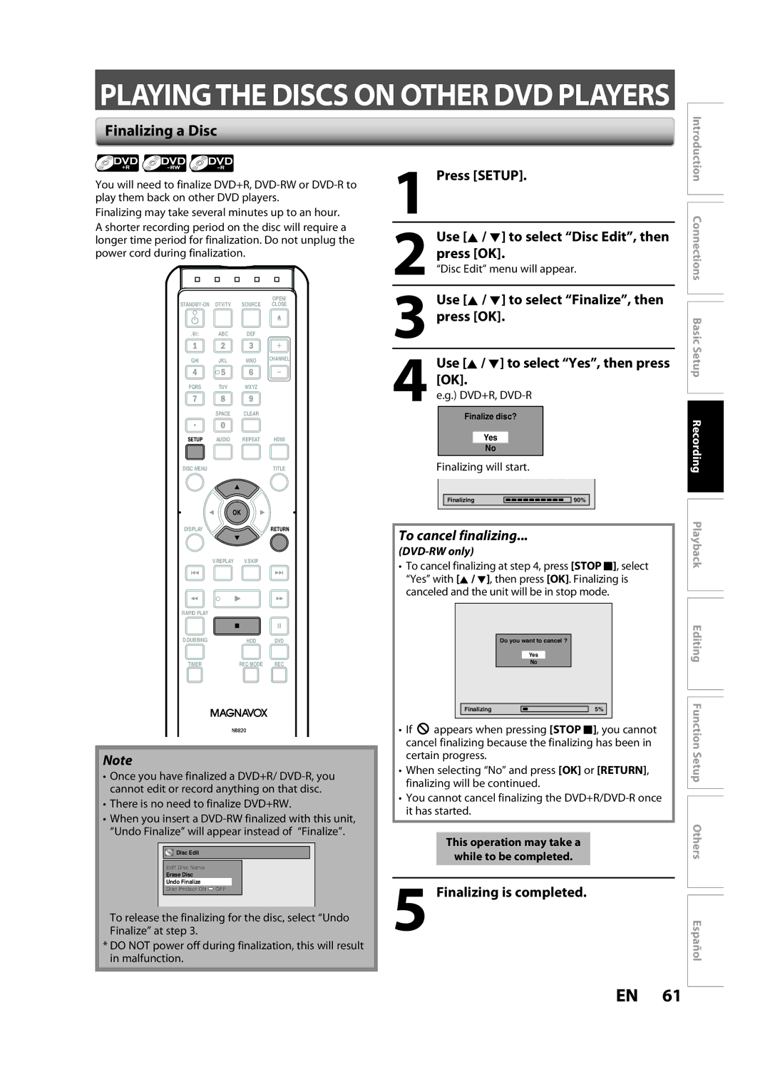 Magnavox H2160MW9 Finalizing a Disc, Press Setup Use K / L to select Disc Edit, then press OK, To cancel finalizing 