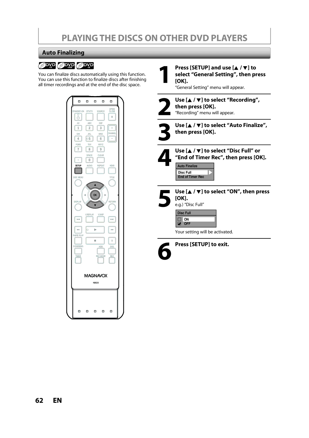 Magnavox H2160MW9 owner manual Playing the Discs on Other DVD Players, Auto Finalizing 