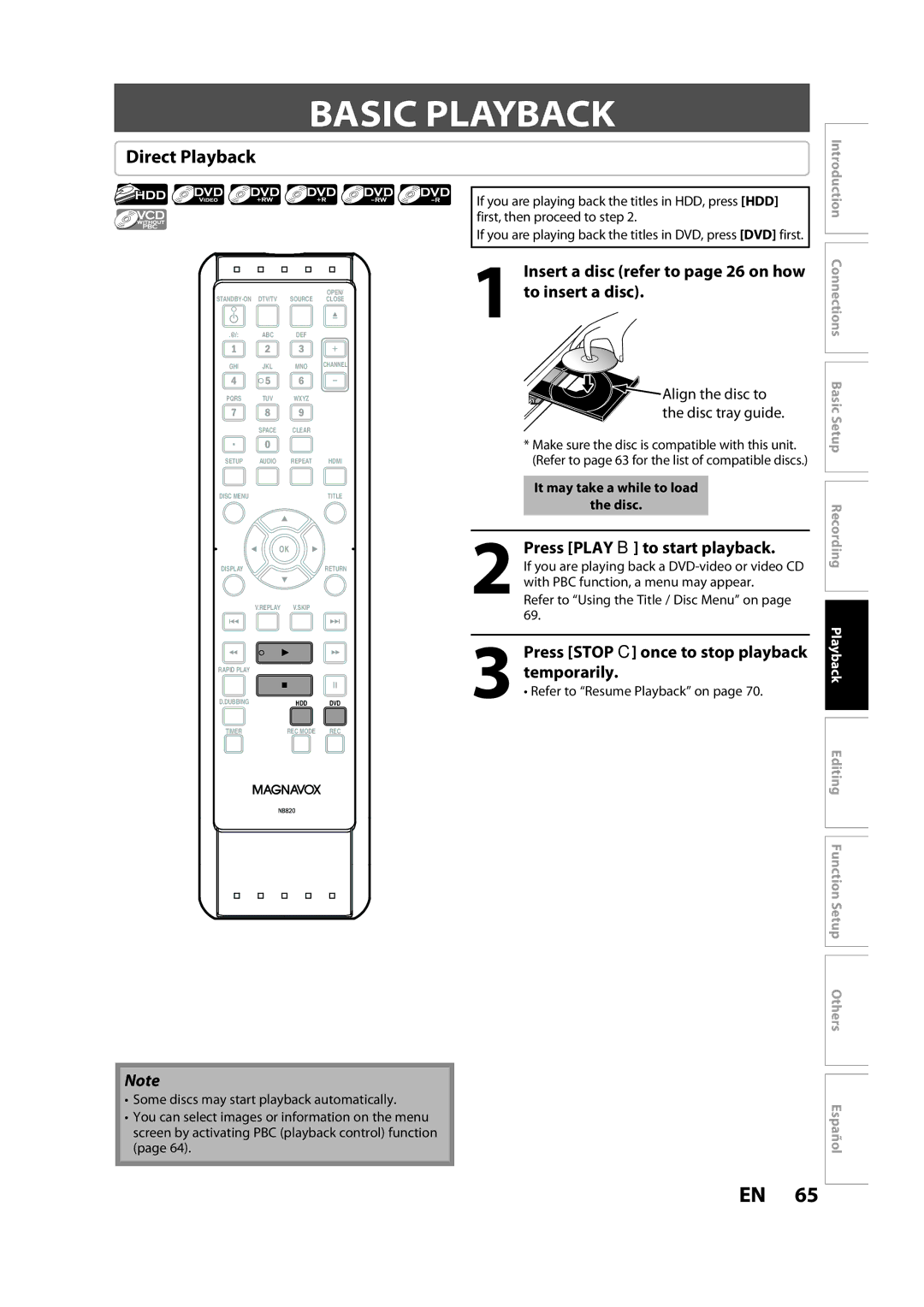 Magnavox H2160MW9 owner manual Basic Playback, Direct Playback, Insert a disc refer to page 26 on how to insert a disc 