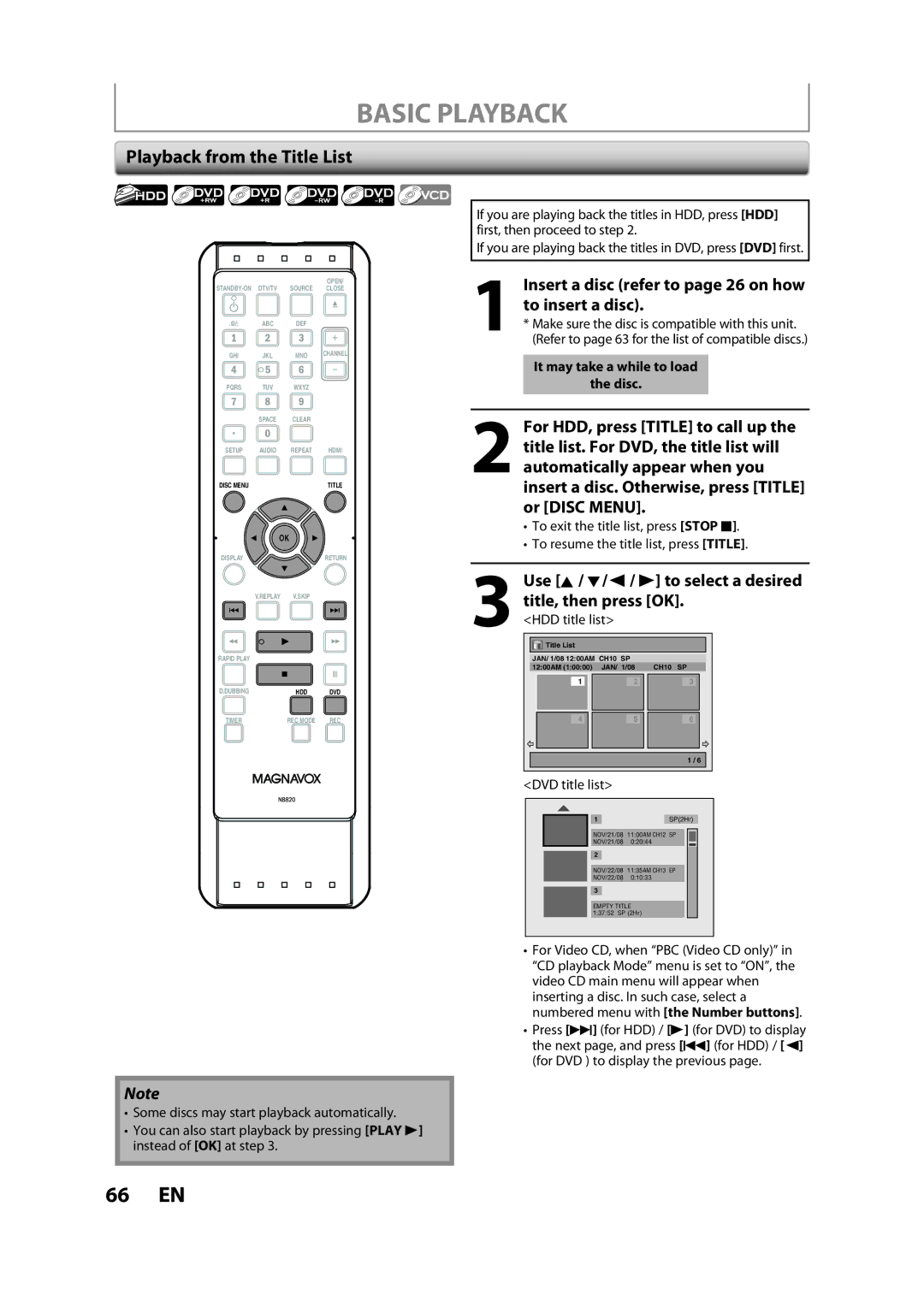 Magnavox H2160MW9 Basic Playback, Playback from the Title List, Title, then press OK, Use K / L//s / B to select a desired 