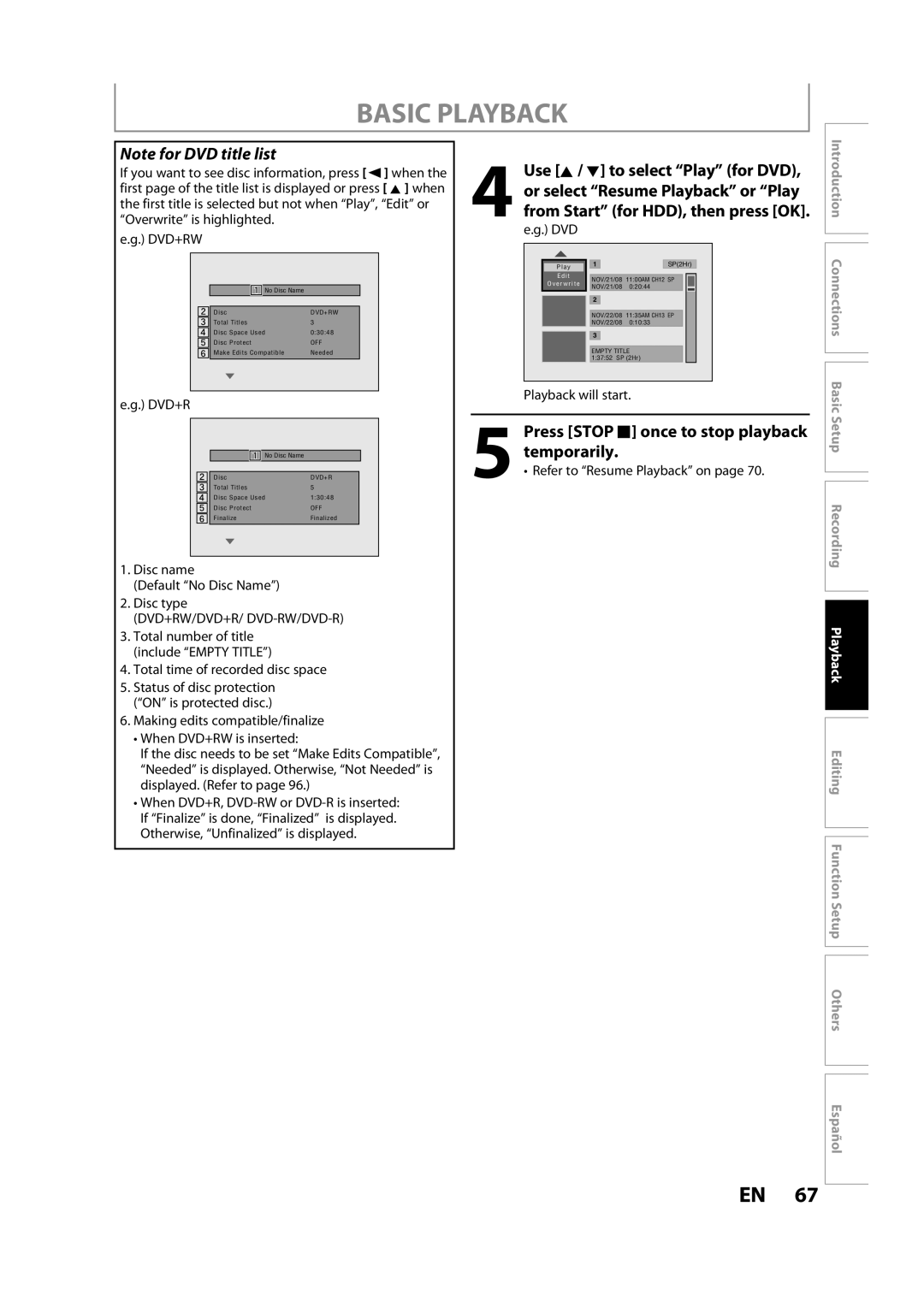 Magnavox H2160MW9 owner manual Temporarily, Use K / L to select Play for DVD, Or select Resume Playback or Play 