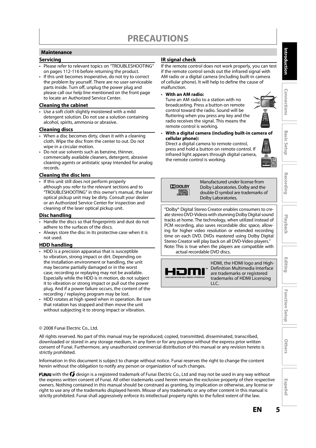 Magnavox H2160MW9 owner manual Maintenance Servicing, Cleaning the cabinet, Cleaning discs, IR signal check, HDD handling 