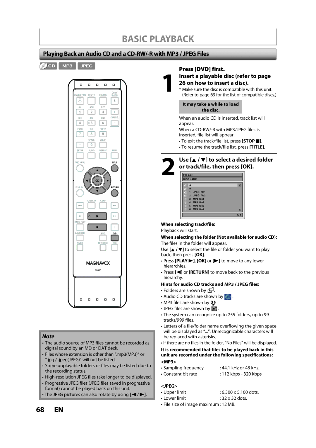 Magnavox H2160MW9 owner manual When selecting track/file, When selecting the folder Not available for audio CD, MP3, Jpeg 