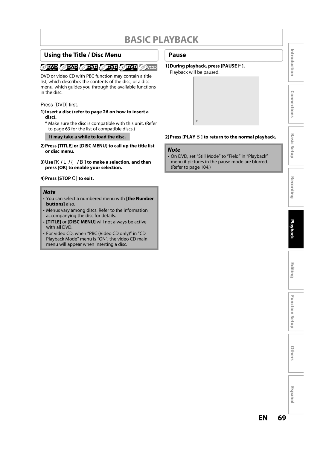 Magnavox H2160MW9 owner manual Using the Title / Disc Menu, Pause 