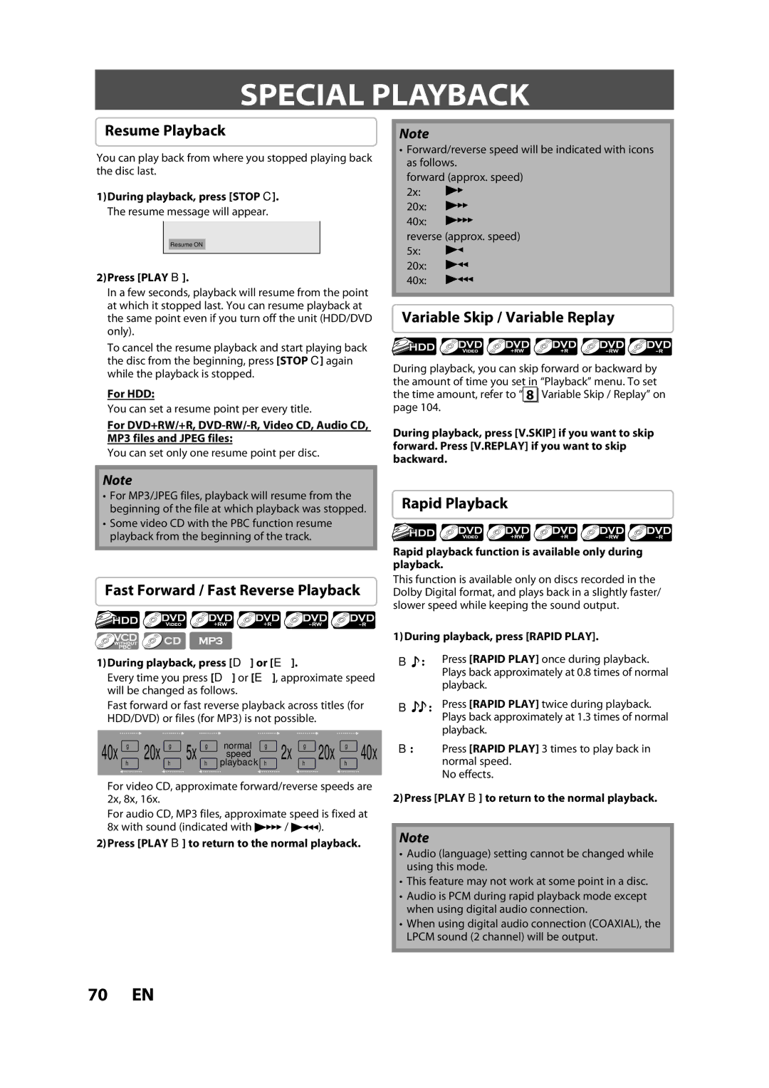 Magnavox H2160MW9 Special Playback, Resume Playback, Variable Skip / Variable Replay, Fast Forward / Fast Reverse Playback 