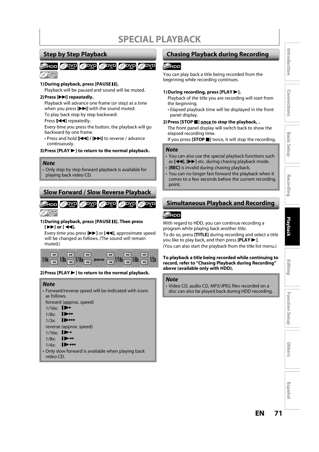 Magnavox H2160MW9 owner manual Special Playback, Step by Step Playback, Slow Forward / Slow Reverse Playback 