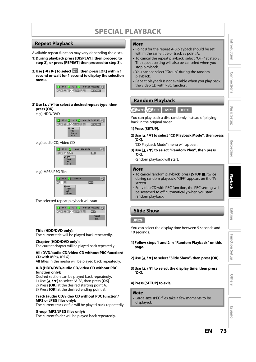 Magnavox H2160MW9 owner manual Repeat Playback, Random Playback, Slide Show 