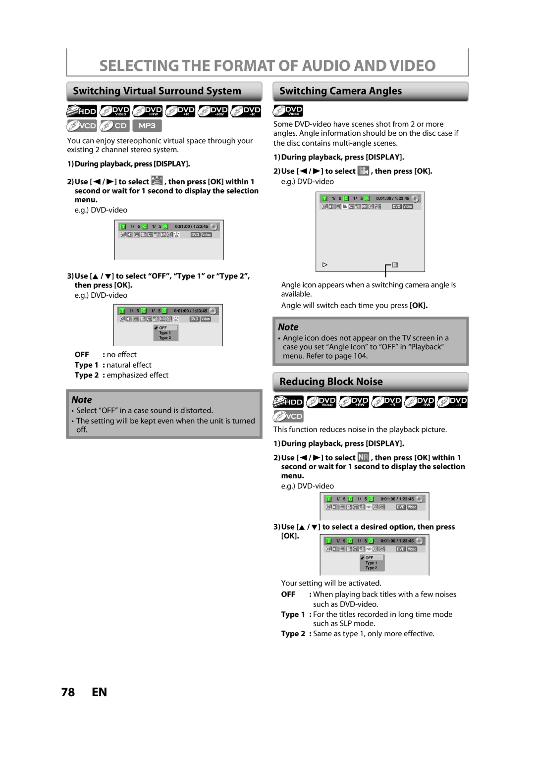 Magnavox H2160MW9 Selecting the Format of Audio and Video, Switching Virtual Surround System, Reducing Block Noise 