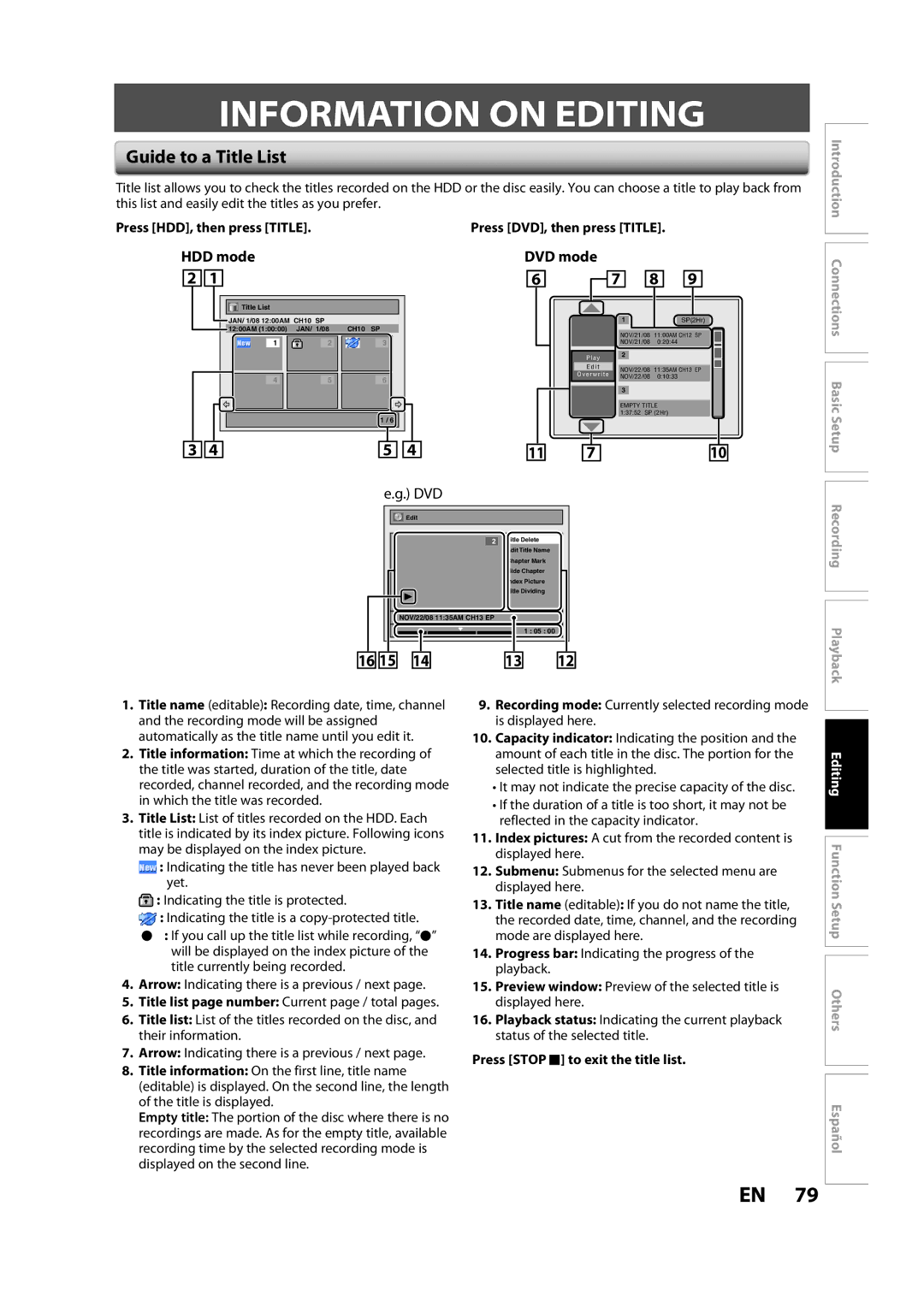 Magnavox H2160MW9 owner manual Information on Editing, Guide to a Title List, HDD mode, DVD mode 